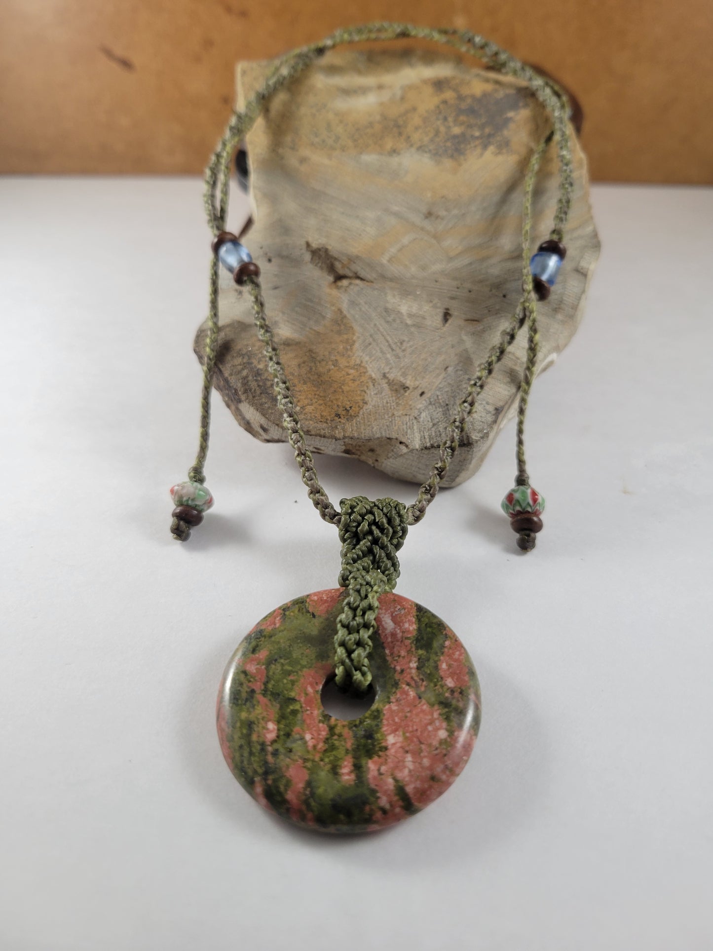 Unakite Ring Pendant Necklace – Green Cord with Glass Beads, Adjustable Micromacrame Choker