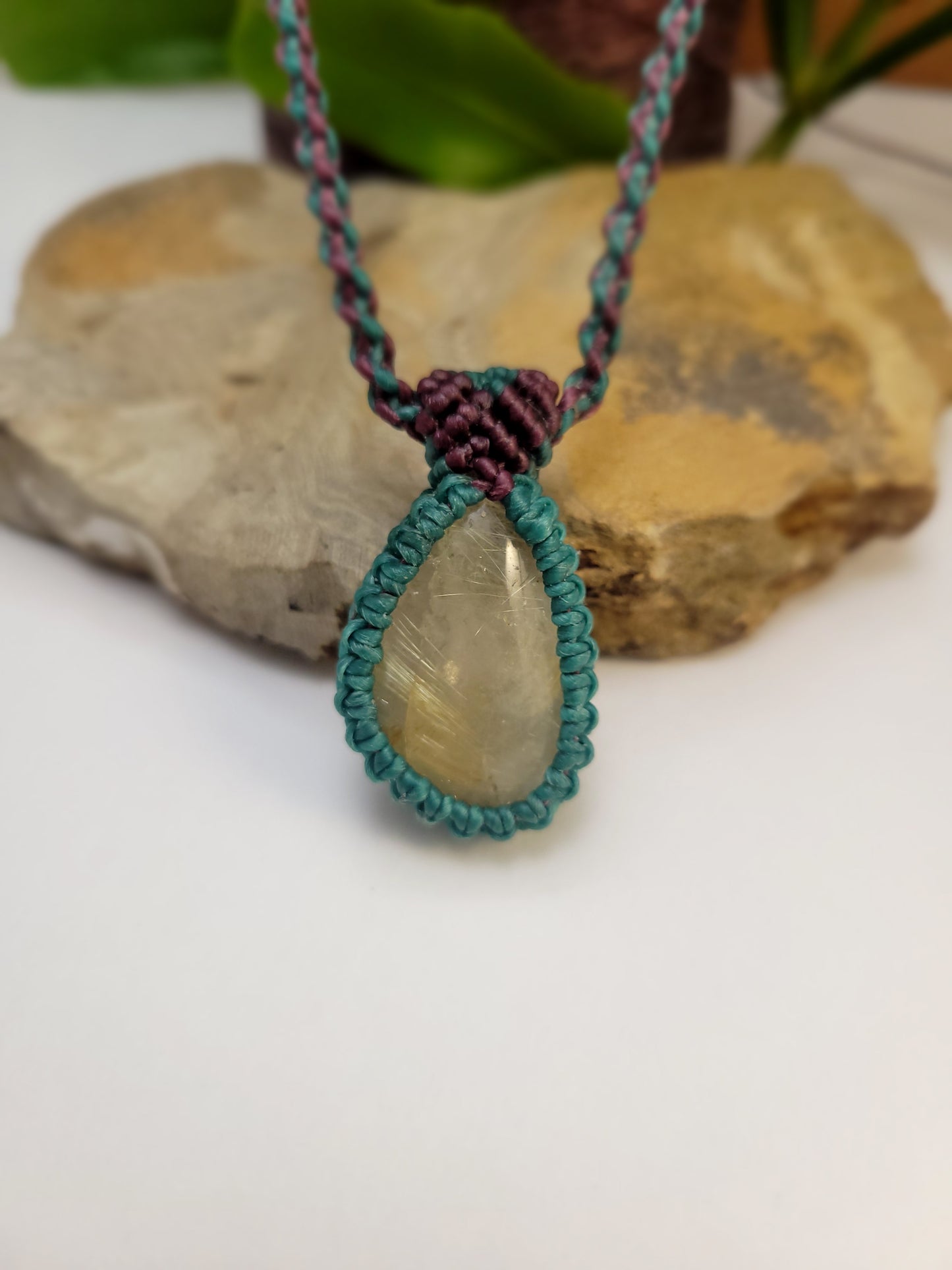 Adjustable Golden Quartz Pendant Necklace–Teal & Brown with Stone Bead