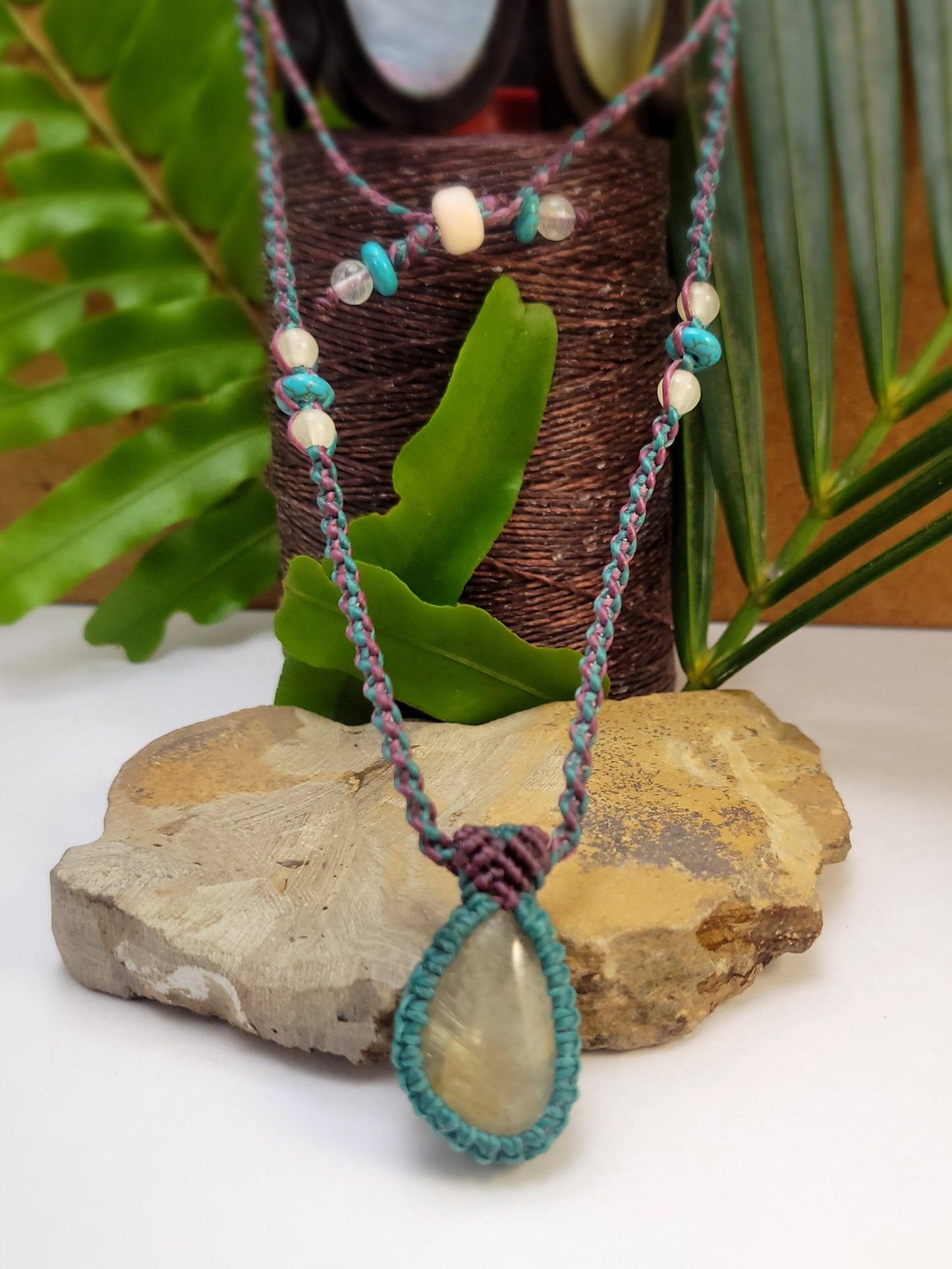 Adjustable Golden Quartz Pendant Necklace–Teal & Brown with Stone Bead