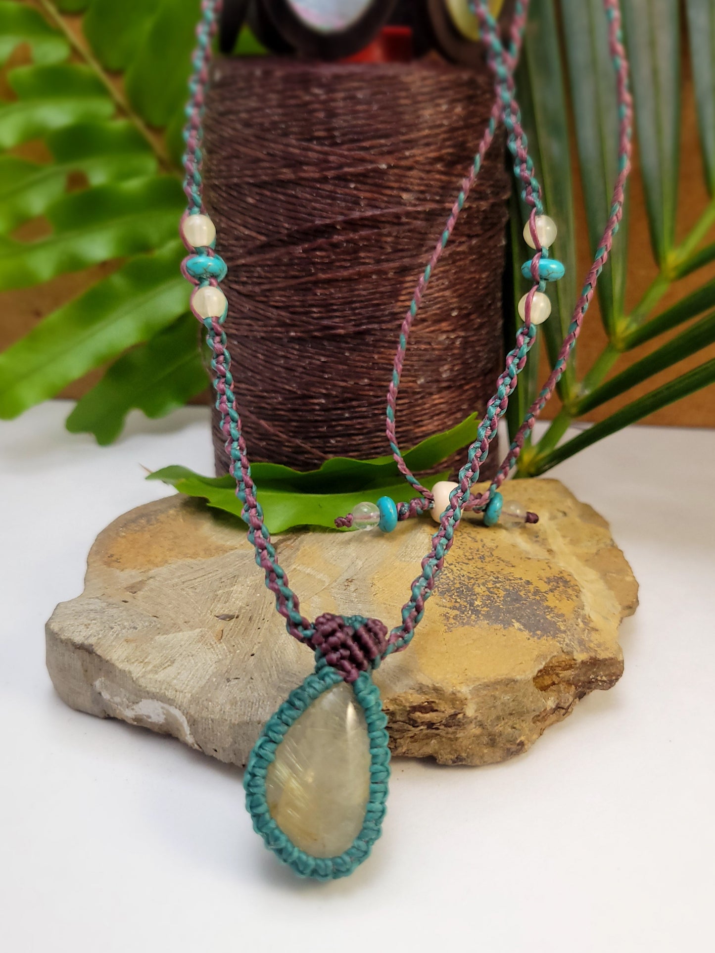 Adjustable Golden Quartz Pendant Necklace–Teal & Brown with Stone Bead
