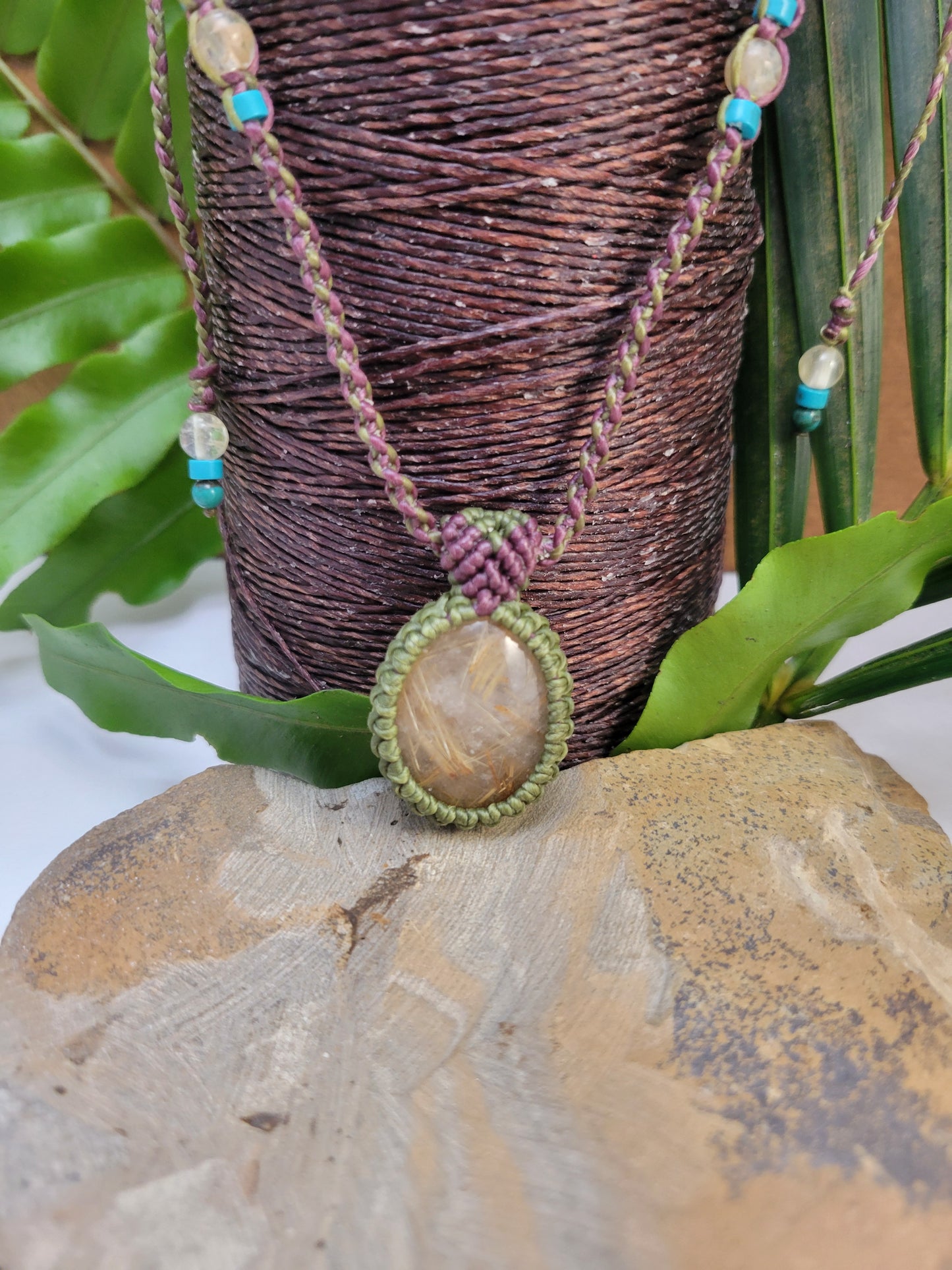 Minimalist Golden Quartz Necklace – Olive Macrame Wrap, Blue Beads & Brown Adjustable Cord