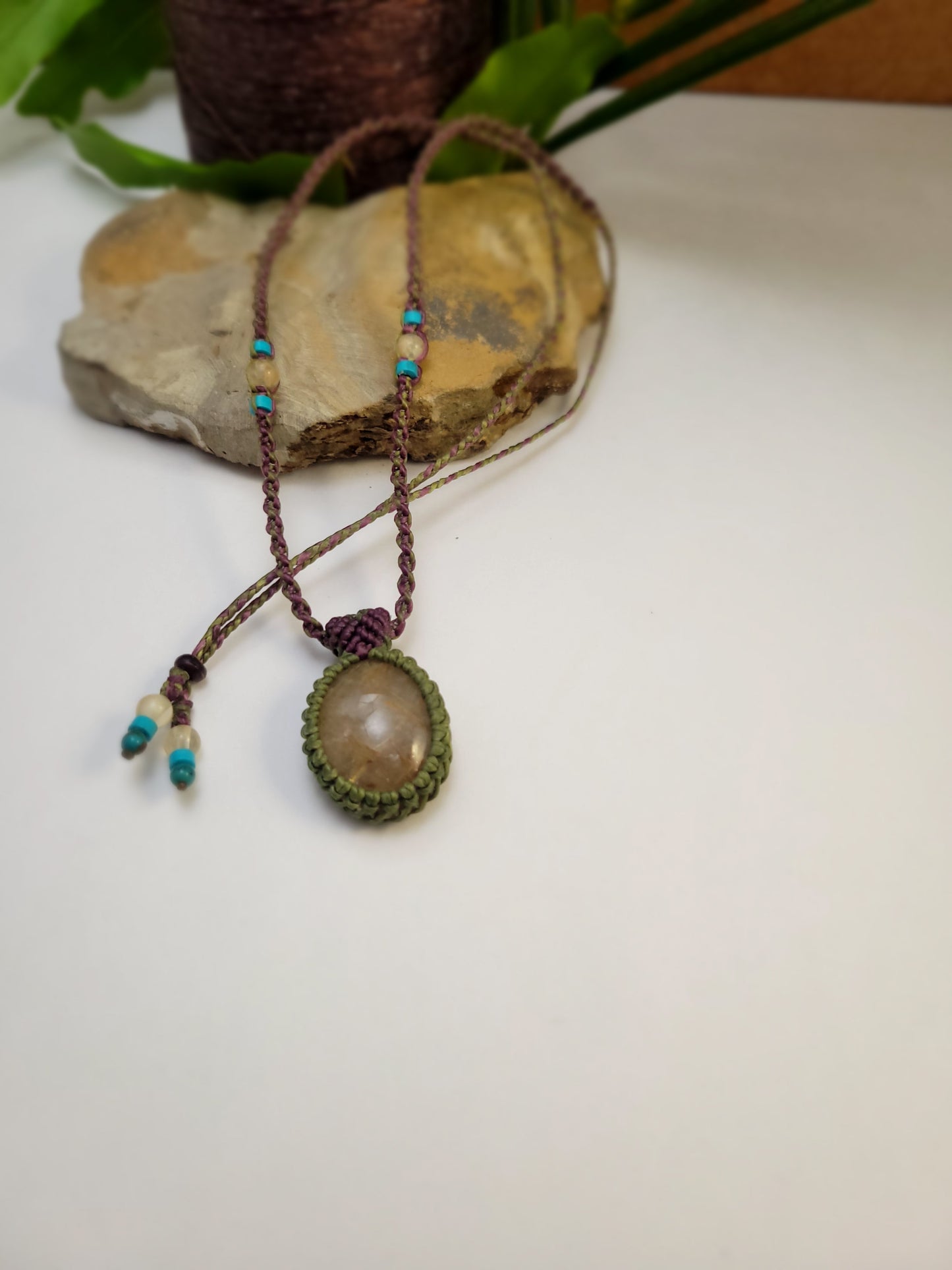 Minimalist Golden Quartz Necklace – Olive Macrame Wrap, Blue Beads & Brown Adjustable Cord