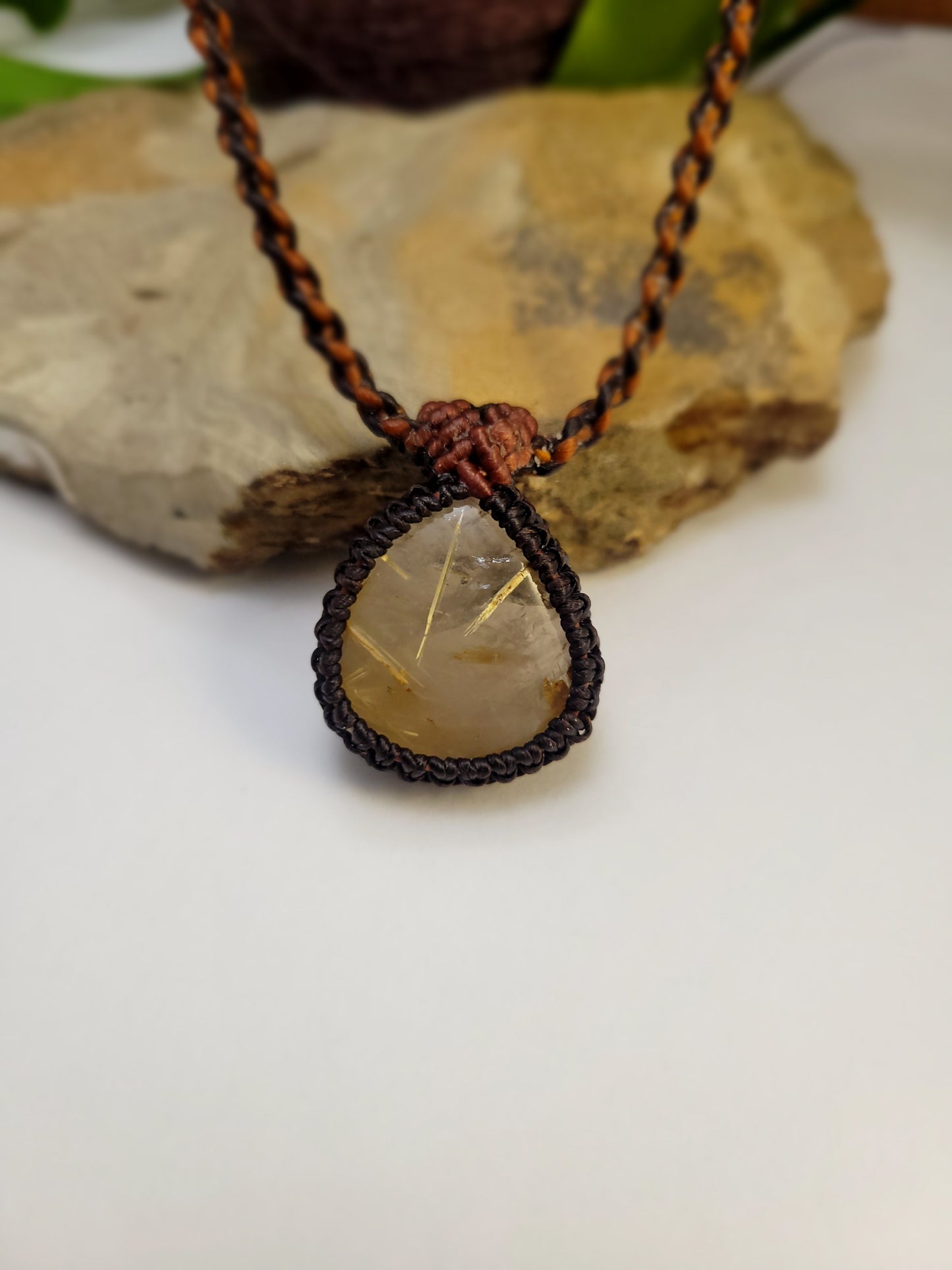 Golden Quartz Pendant Necklace β Gold Inclusion Crystal, Adjustable Micromacrame