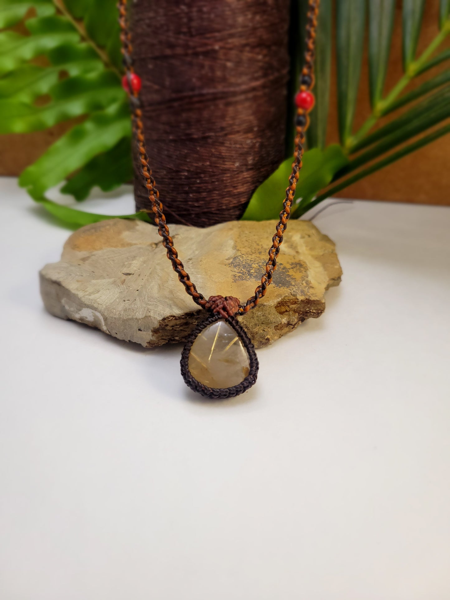 Golden Quartz Pendant Necklace β Gold Inclusion Crystal, Adjustable Micromacrame