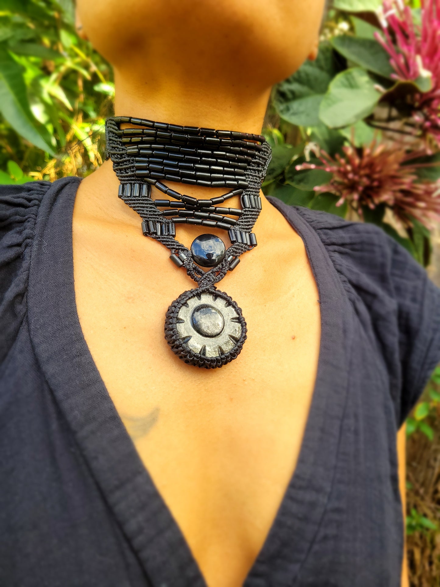 Handcrafted African Beaded Choker with Obsidian Sun Goddess Pendant – Adjustable Micromacrame Necklace