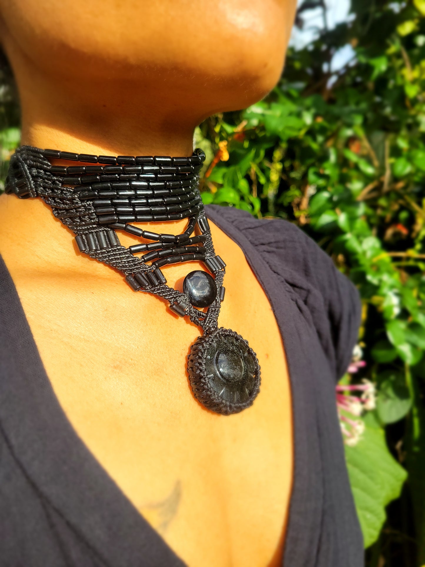 Handcrafted African Beaded Choker with Obsidian Sun Goddess Pendant – Adjustable Micromacrame Necklace