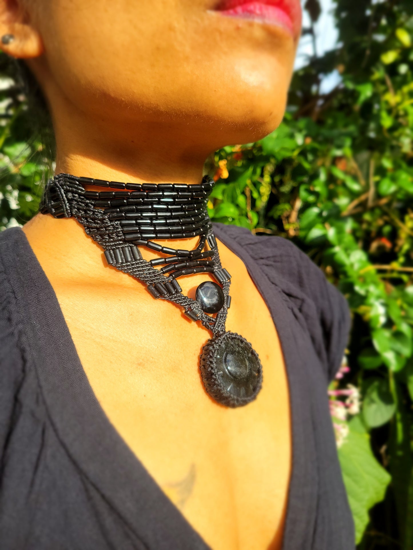 Handcrafted African Beaded Choker with Obsidian Sun Goddess Pendant – Adjustable Micromacrame Necklace
