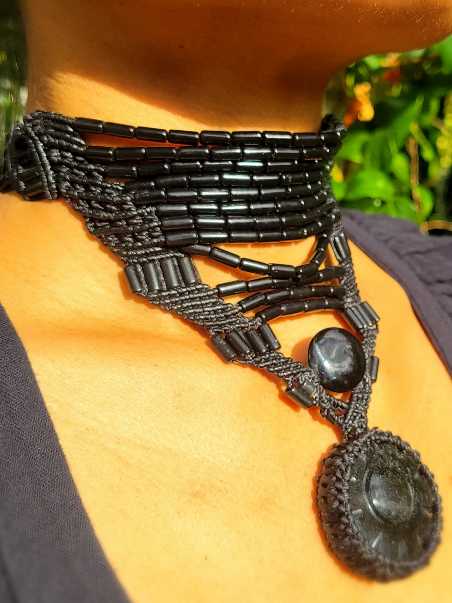 Handcrafted African Beaded Choker with Obsidian Sun Goddess Pendant – Adjustable Micromacrame Necklace