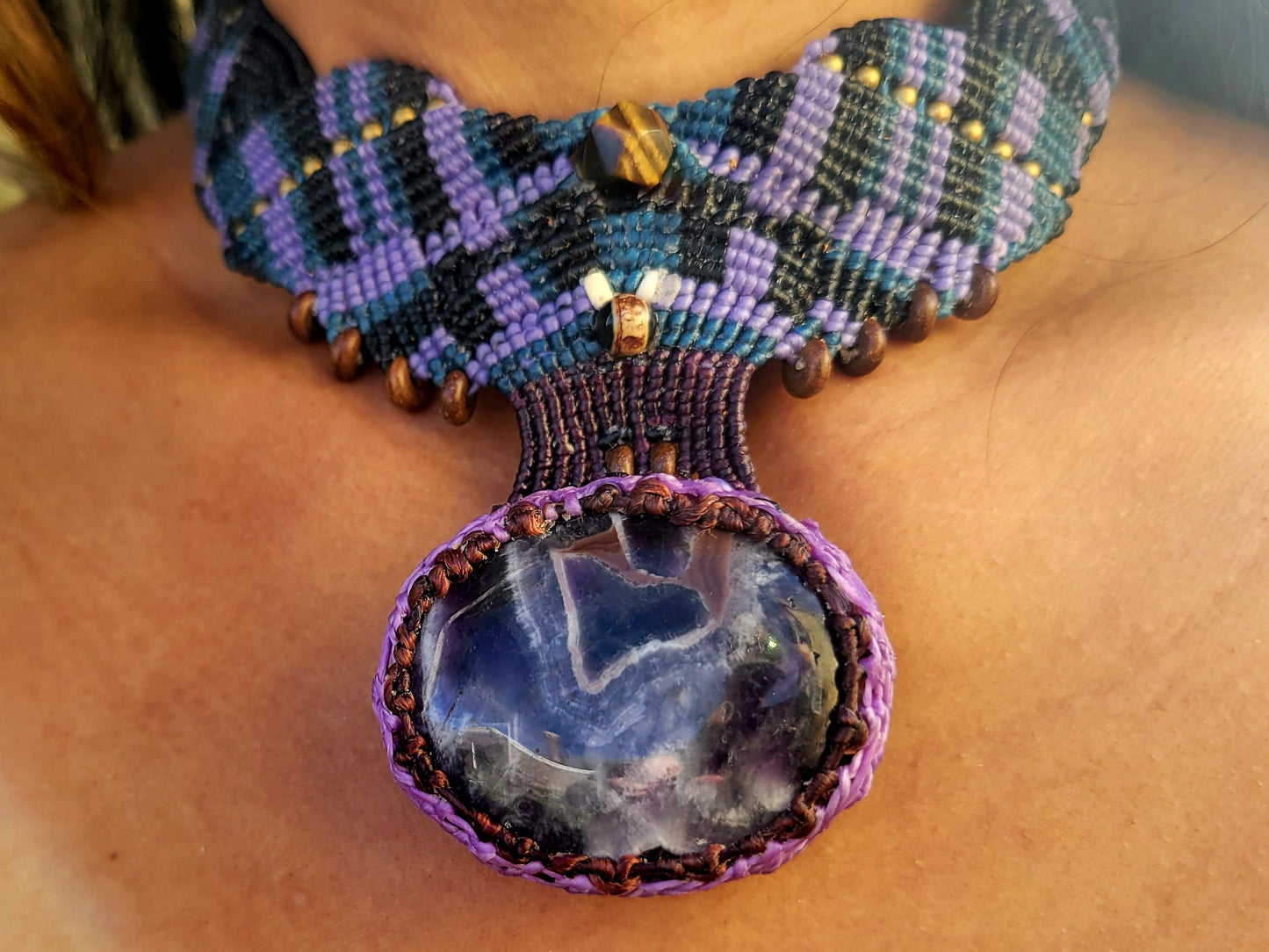 Amethyst Crystal Pendant featured in a handmade boho choker necklace with geometric micromacramé design.