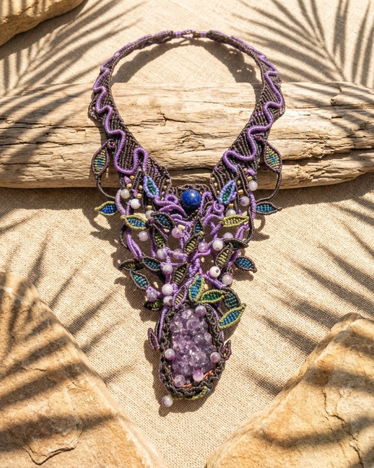 Amethyst Pendant – Handmade psychedelic forest spirit choker with raw amethyst and intricate macramé design