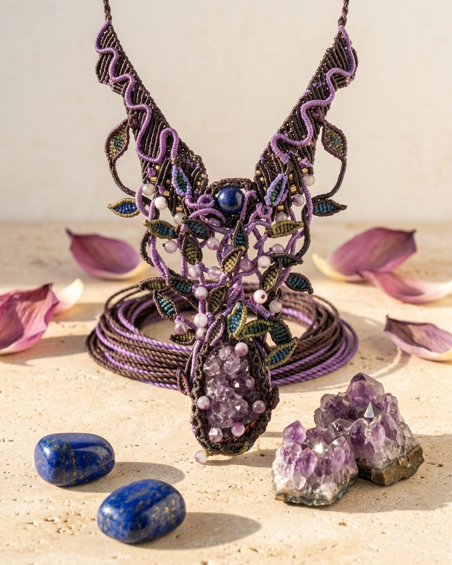 Amethyst Pendant featuring a large raw amethyst crystal and intricate micromacramé choker design with colorful accents.
