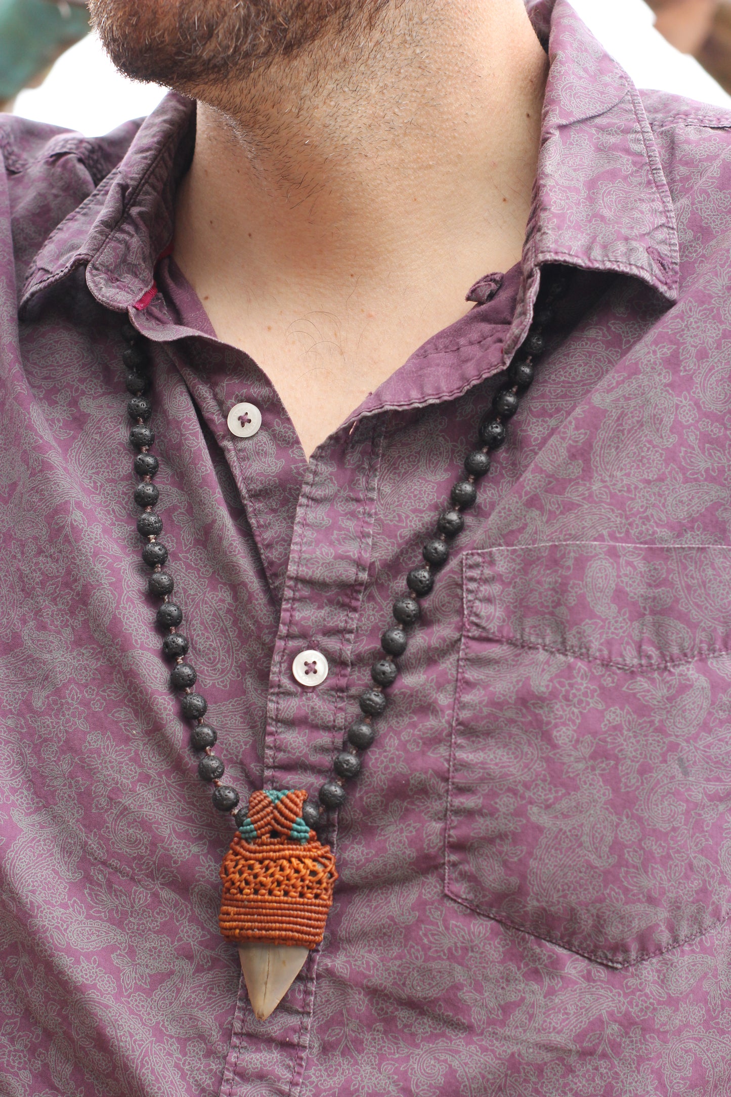 Fossilized Shark Tooth Necklace with Black Lava Beads – Prehistoric Elegance and Conservation