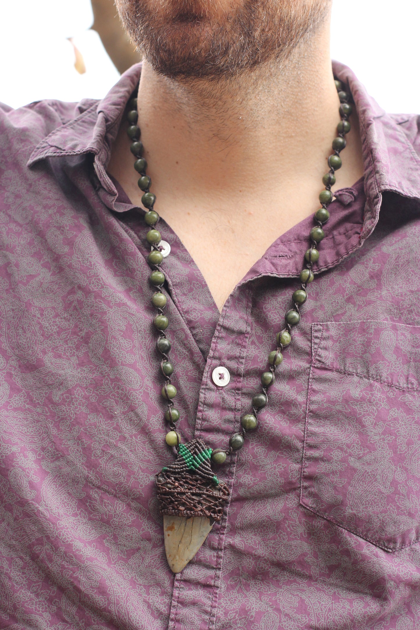 Fossilized Shark Tooth Necklace with Black Lava Beads – Prehistoric Elegance and Conservation