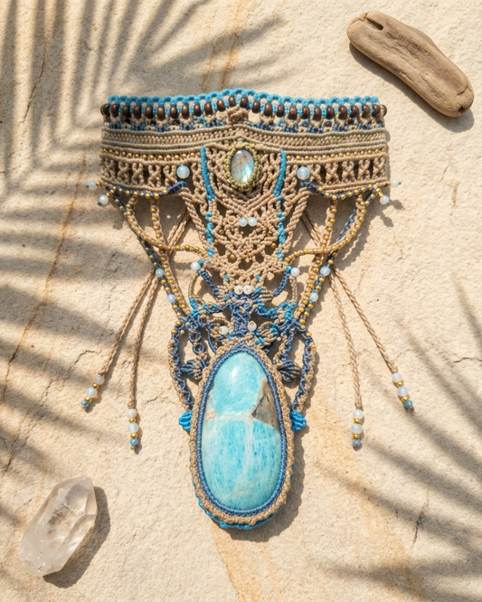 Amazonite Pendant Necklace featuring large natural amazonite stone and ornate micromacramé design.