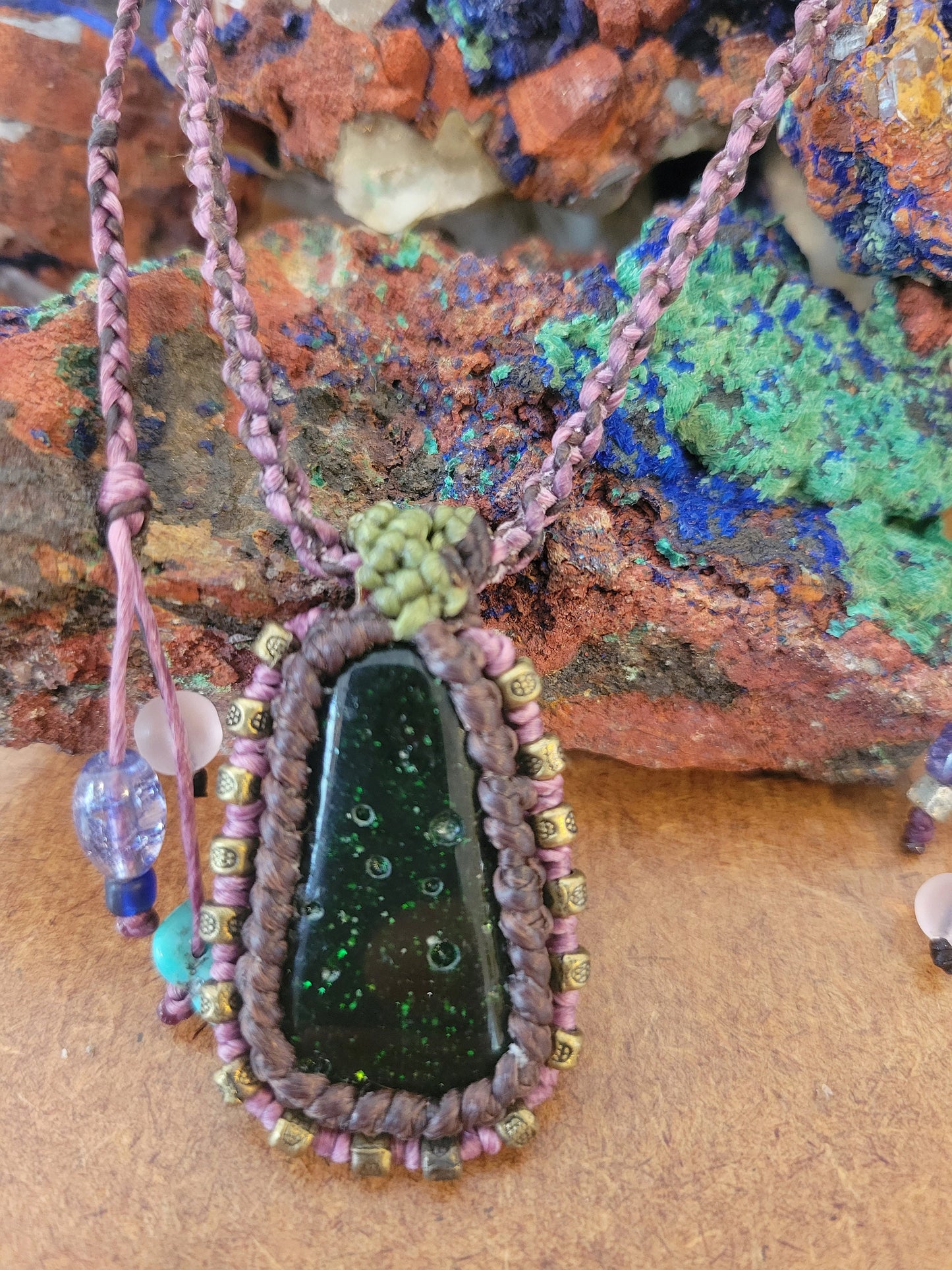 Green Goldstone Pendant in Earth Tones with Antique Brass Beads