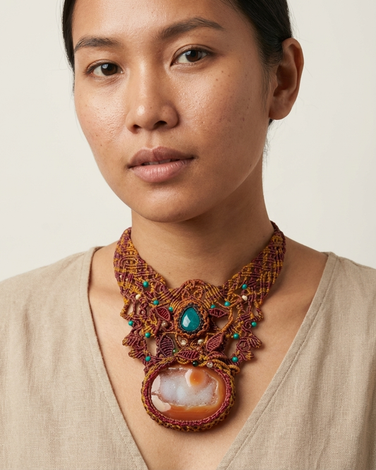 Carnelian Agate Pendant worn by a model showcasing the intricate macramé design with mixed stone accents.