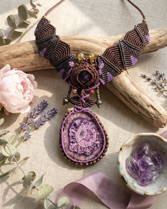 Agate Necklace – Purple Stalactite Boho Statement Choker with intricate micromacramé design and amethyst accents.