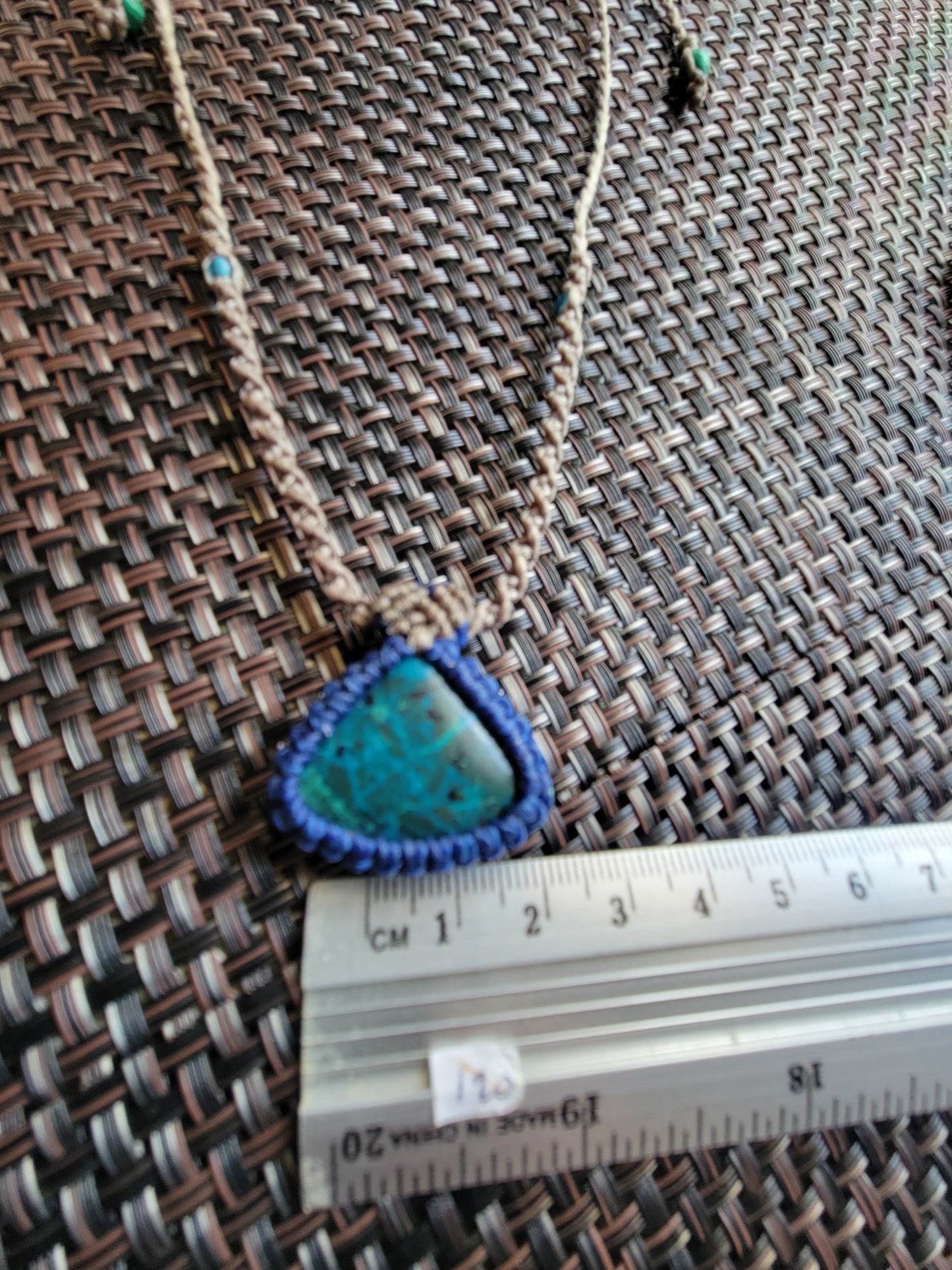 “Whispering Stone” – Small Triangular Chrysocolla Pendant Necklace, Blue Wrap with Light Brown Spiral Braid, Adjustable