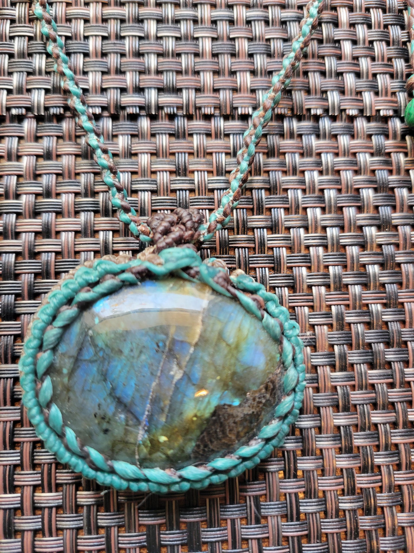 “Stormlight” – Oval Labradorite Pendant Necklace, Aquamarine & Dark Brown Cord, Adjustable with Stone Beads