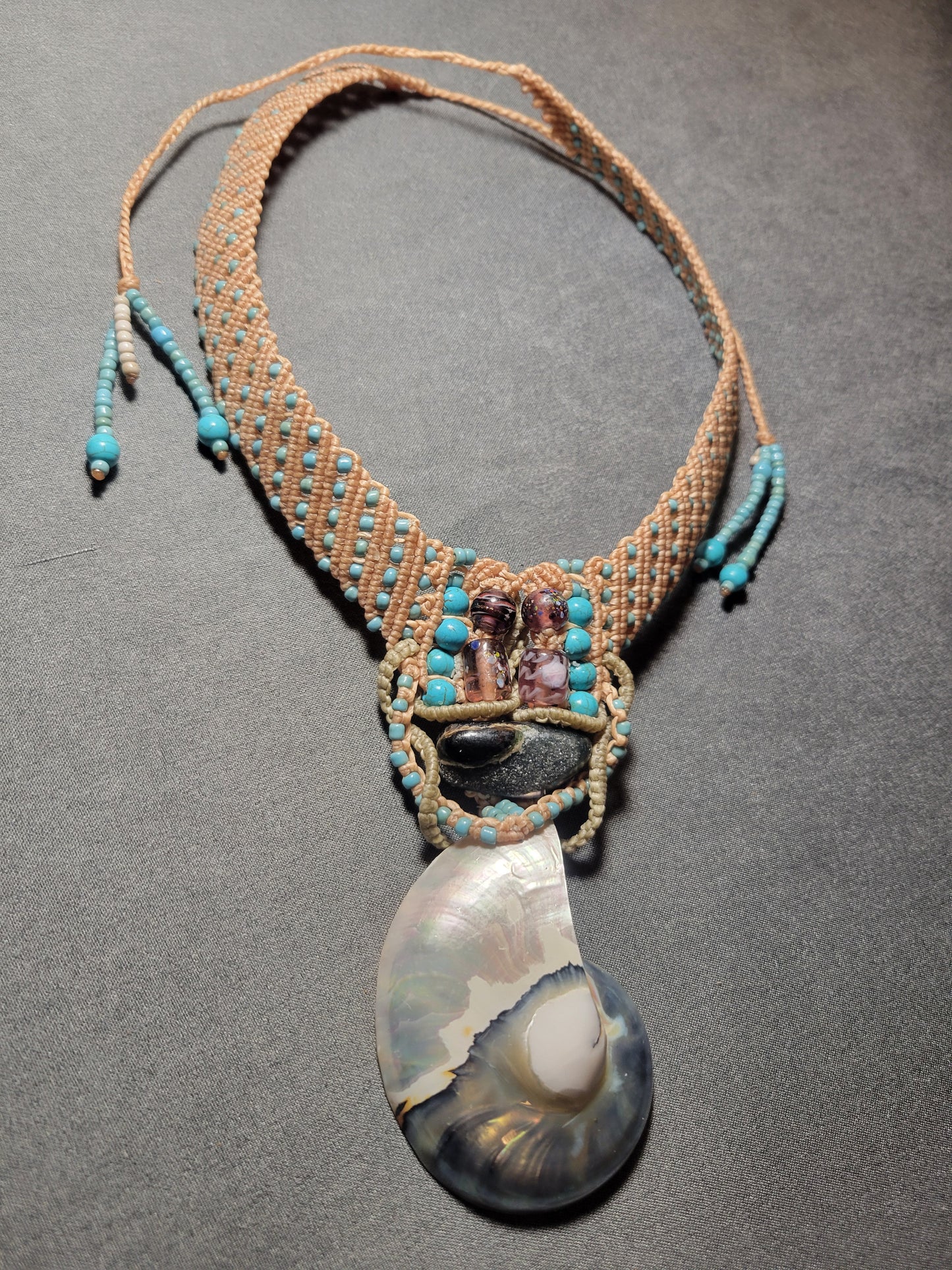 Close up of Nautilus Shell Macrame Choker Necklace