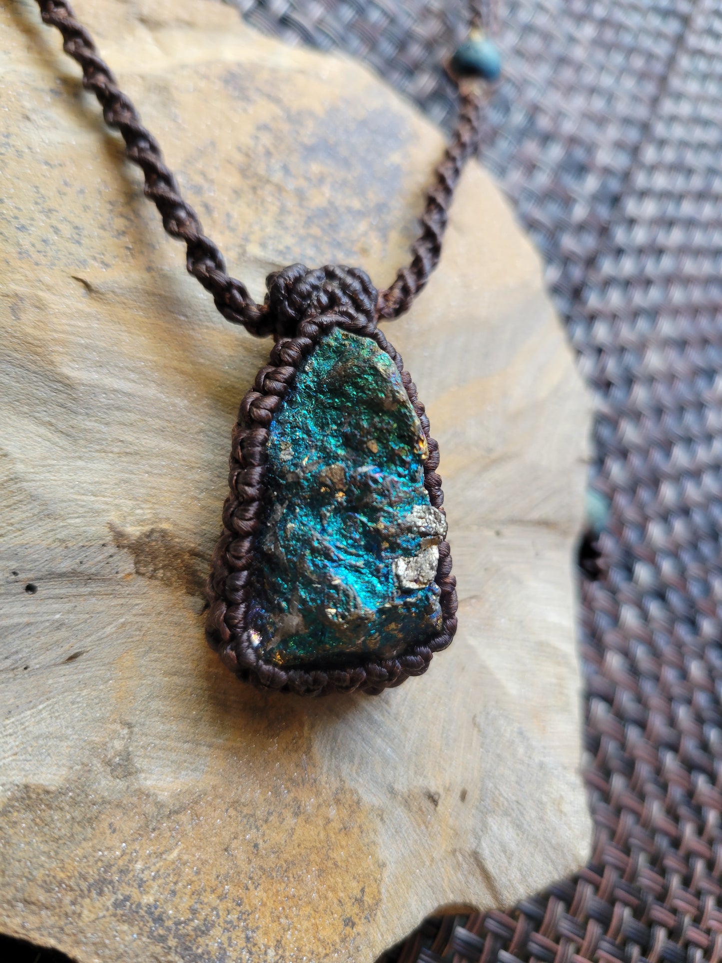 Raw Peacock Ore Necklace – Shimmering Bornite Amulet on Adjustable Braided Cord