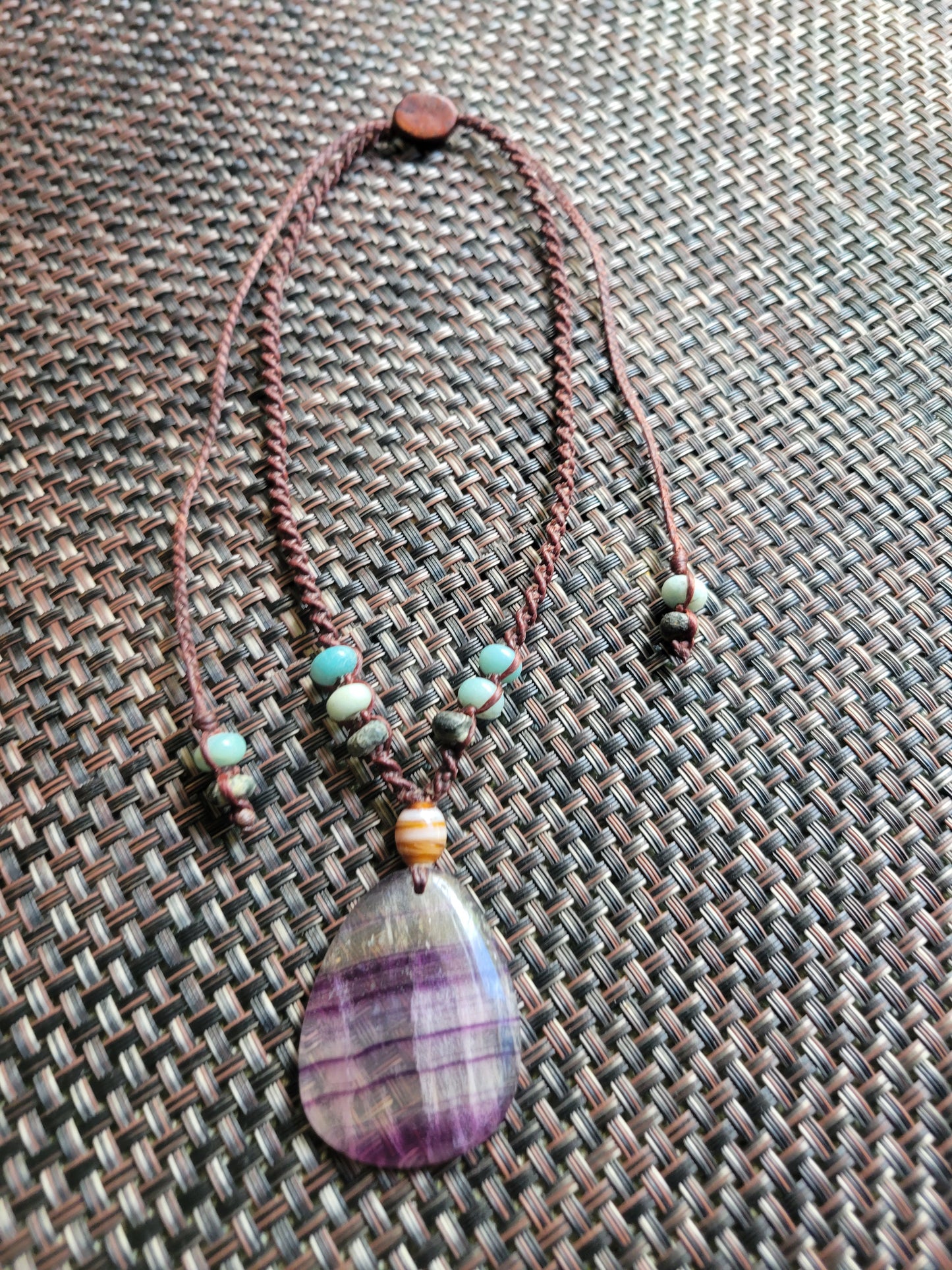 “Spirit Veil” – Purple Banded Fluorite Pendant Necklace, Brown Cord with Multicolored Stone Beads, Adjustable