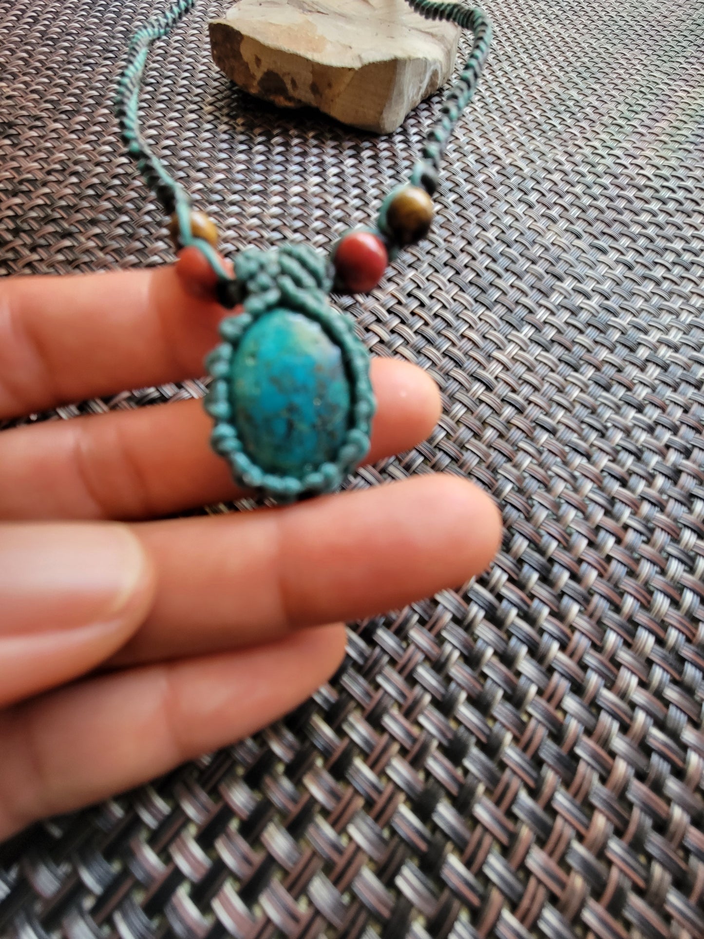 Chrysocolla Macramé Pendant Necklace – Handcrafted Blue-Green Stone on Adjustable Cord
