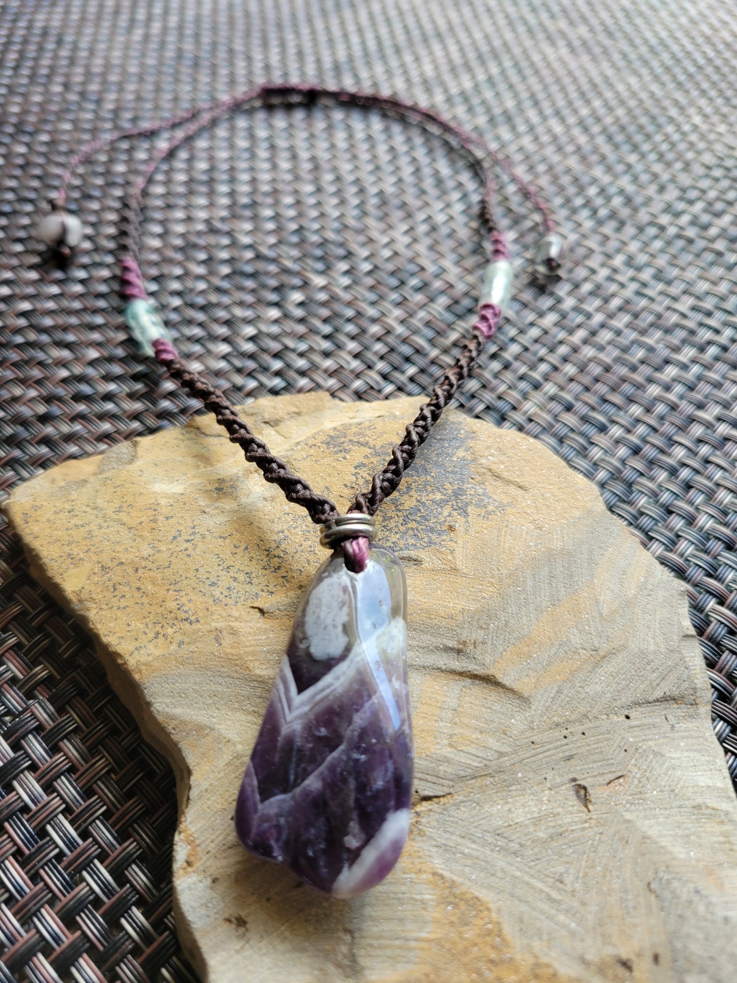 Handmade Chevron Amethyst Pendant Necklace with spiral braid cord