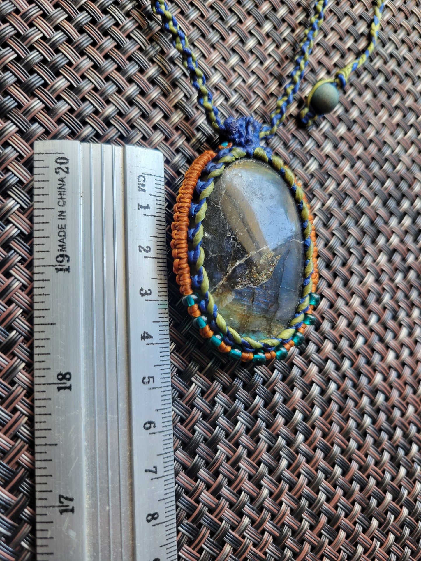 “Elemental Skies” – Labradorite Pendant Necklace, Multicolored Cord Wrap (Green, Blue, Orange), Adjustable Festival Jewelry