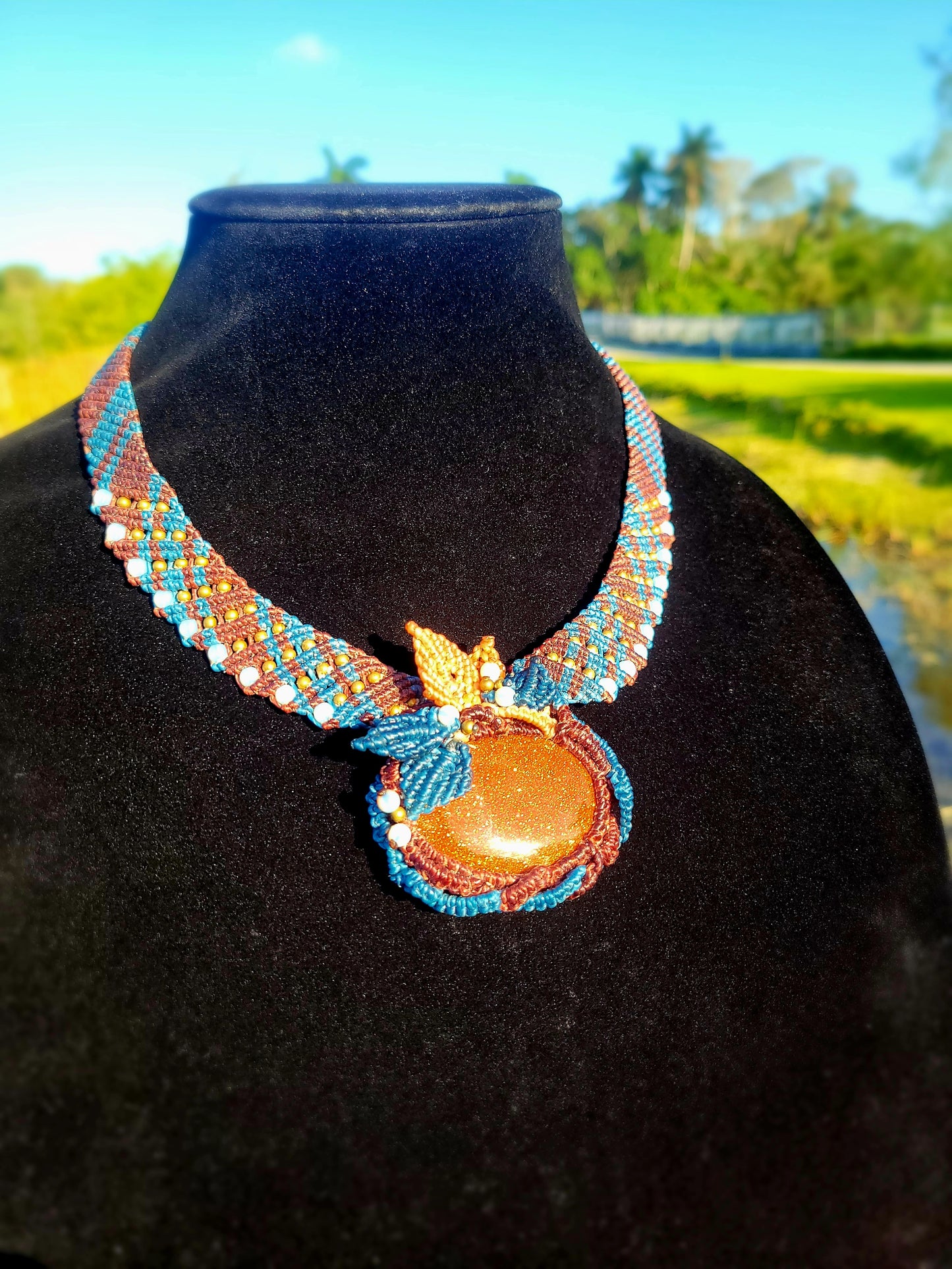 Golden Sandstone Macramé Choker – Boho Statement Necklace with Antique Brass & Blue Accents
