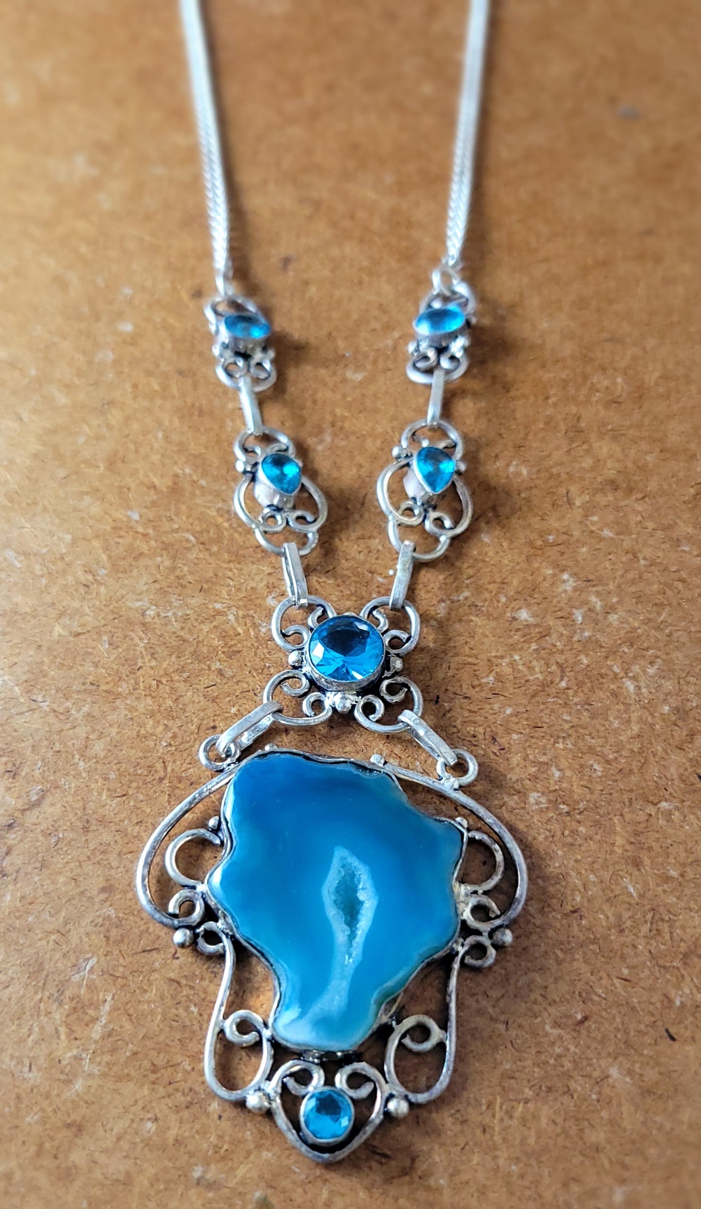 Druzy Agate and Blue Topaz Pendant Necklace sterling silver