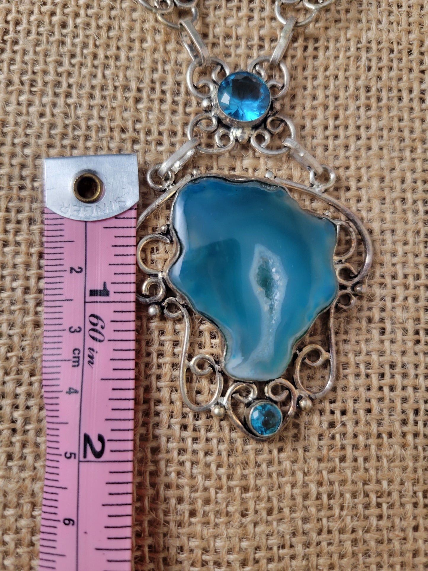 Size of Handmade Druzy Agate and Blue Topaz Pendant Necklace vintage design