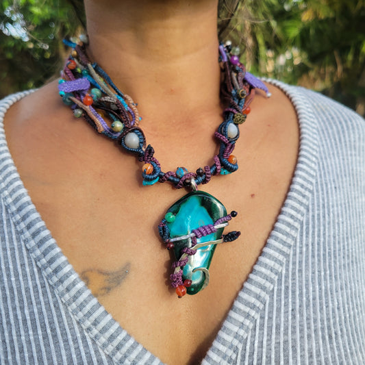 Raw Malachite Pendant handmade boho necklace with silver wrap