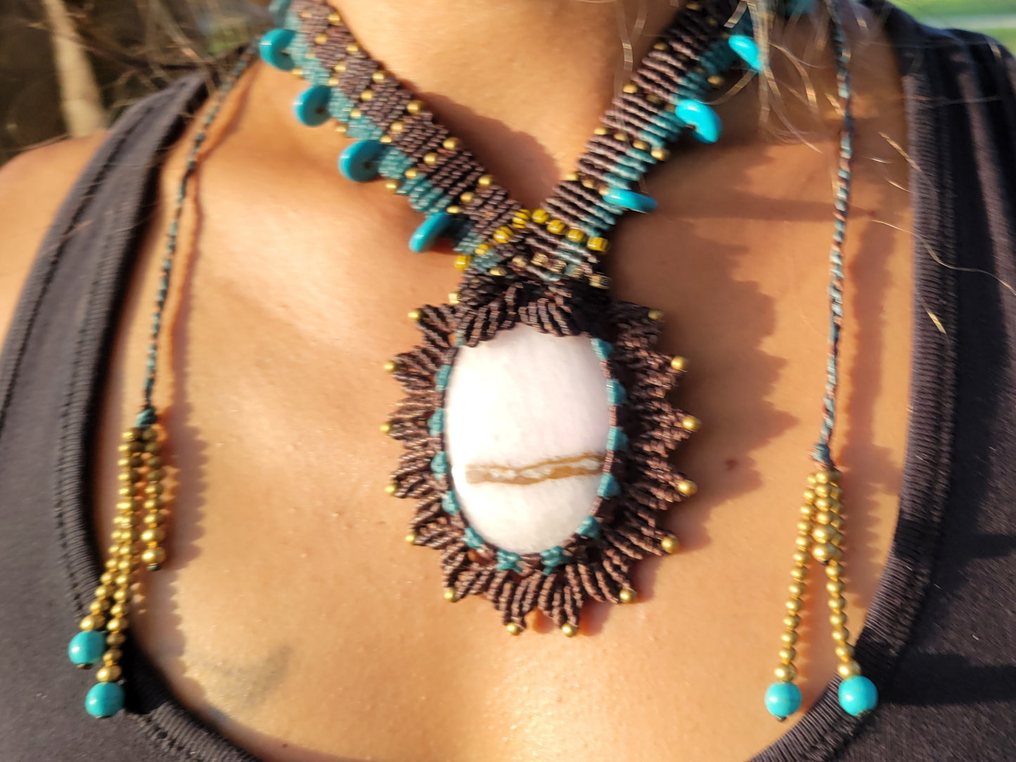 Pink Calcite Pendant Necklace – Brown and Blue Macrame with Antique Brass and Blue Beads