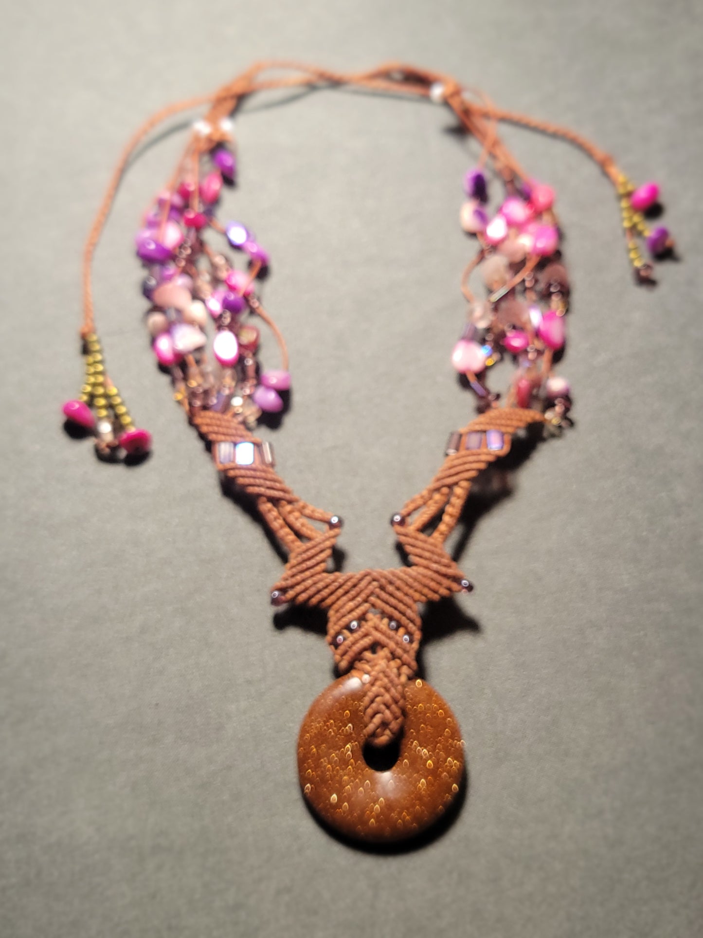 Goldstone Ring Macramé Necklace – Boho Tribal Design with Multicolored Beaded Strands