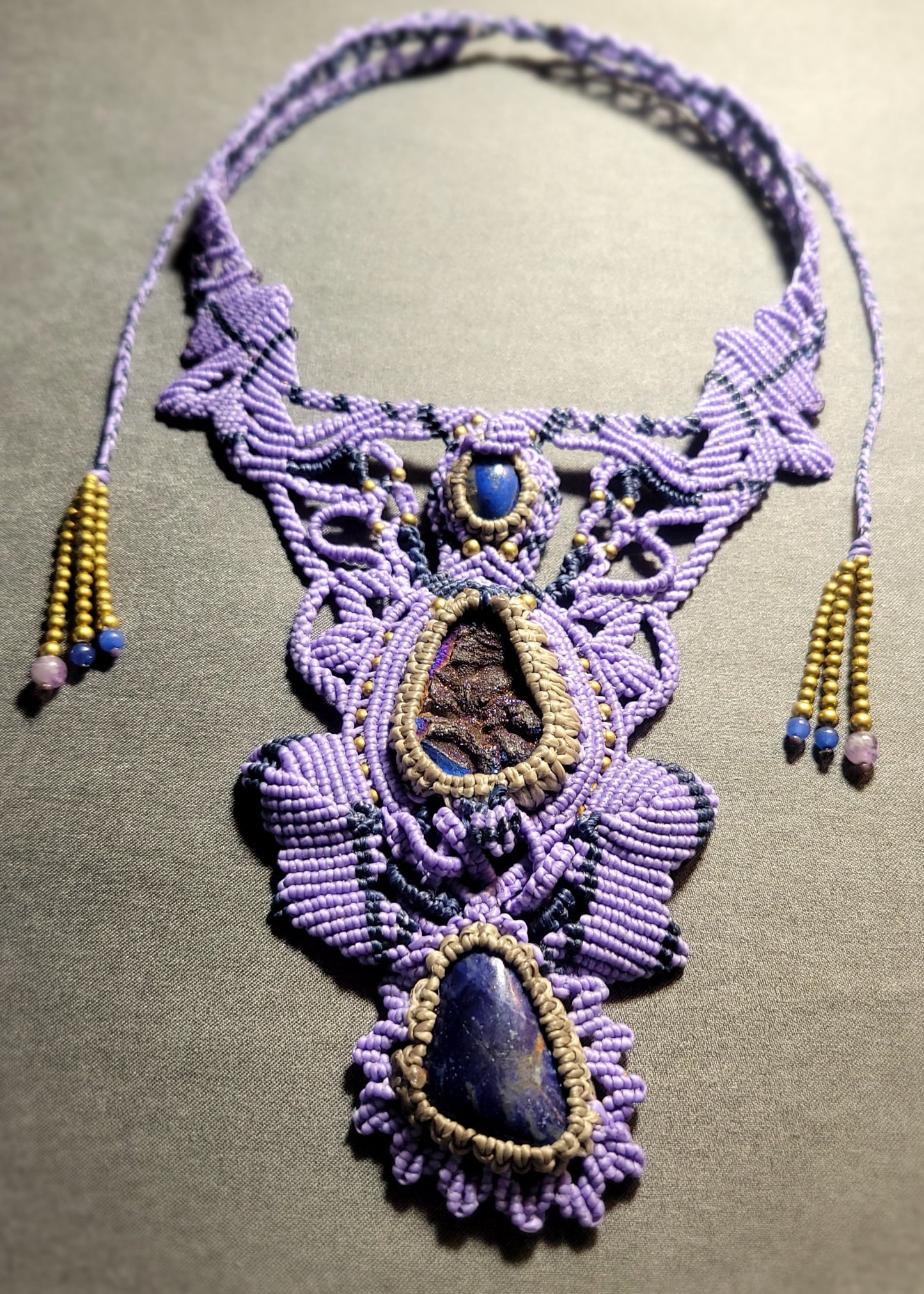 Lapis Lazuli Titanium aura and sodalite riple pendant boho necklace