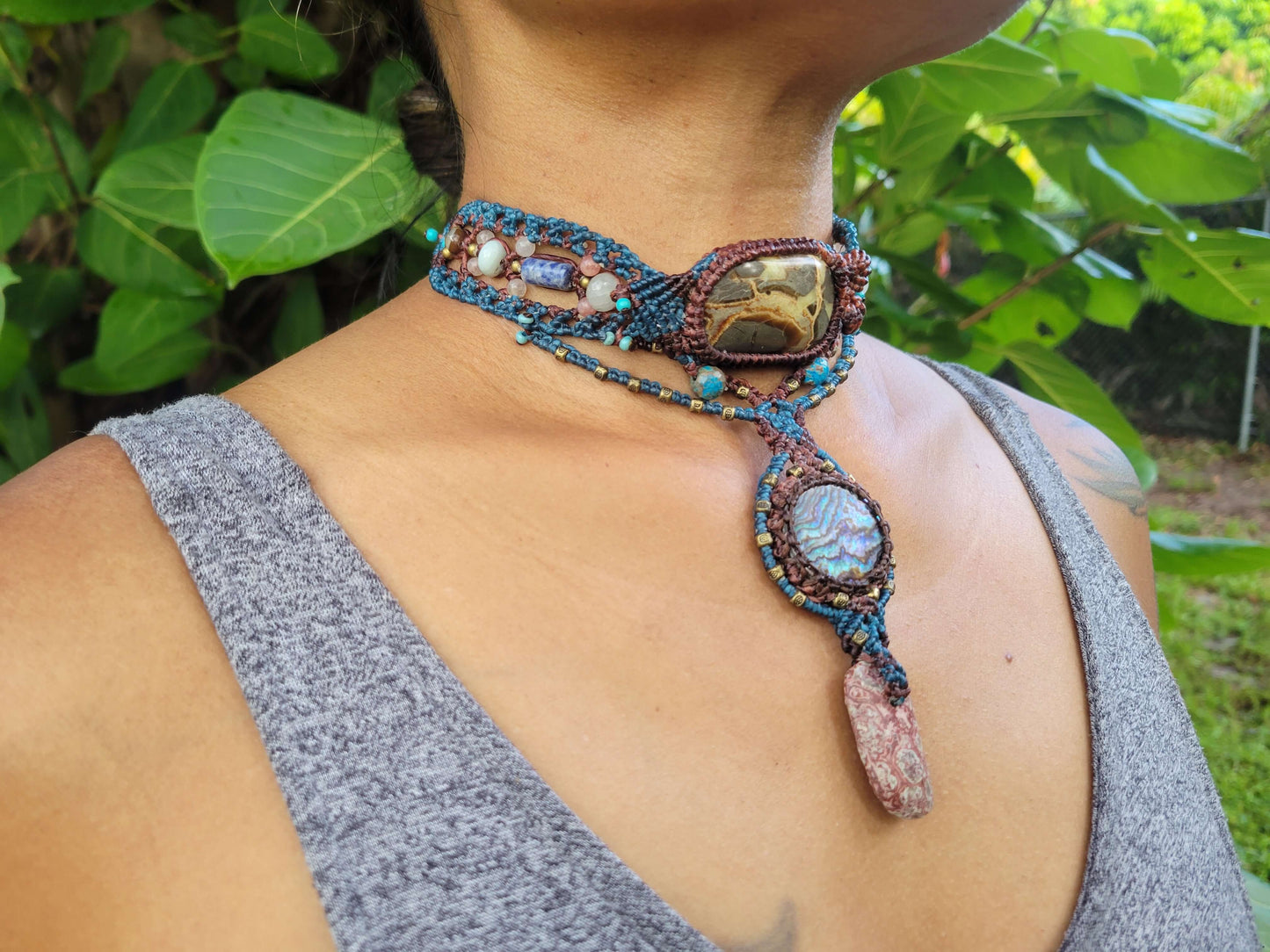 Polychrome Jasper & Crazy Lace Agate Macramé Necklace