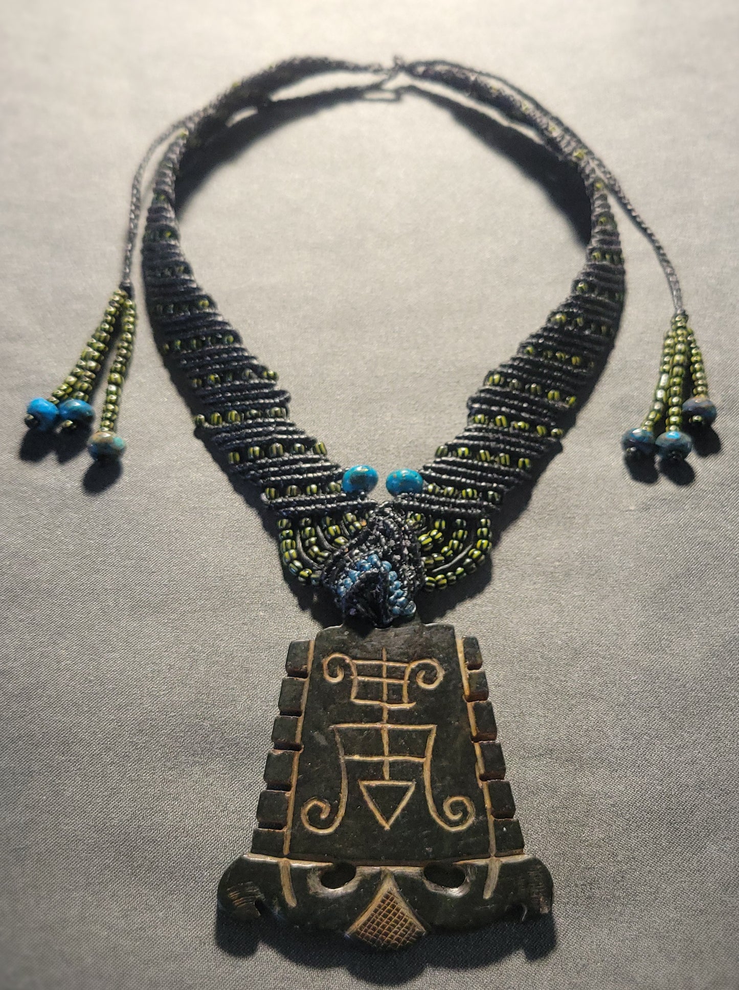 Rare Vintage Black Jade Veve Pendant Necklace-African Amulet