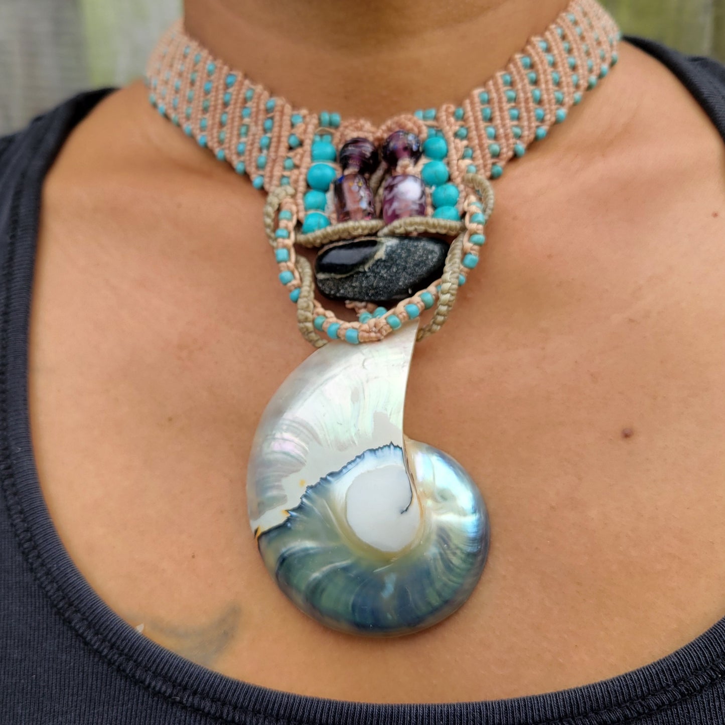 Ocean treasure large Nautilus Shell Pendant intricate weave choker necklace