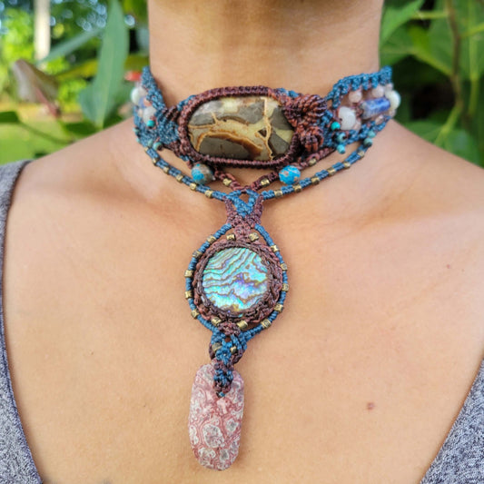 Polychrome Jasper & Crazy Lace Agate Macramé Necklace