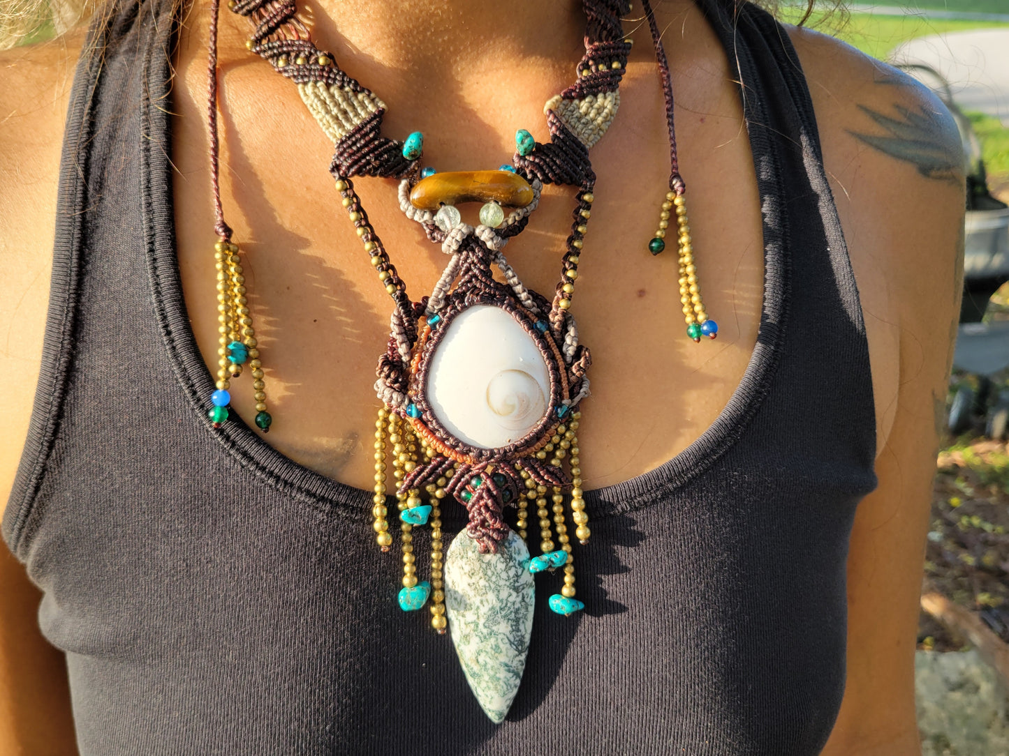 Snail Operculum, Tree Agate & Tiger’s Eye Adjustable Length Boho Hippie Necklace
