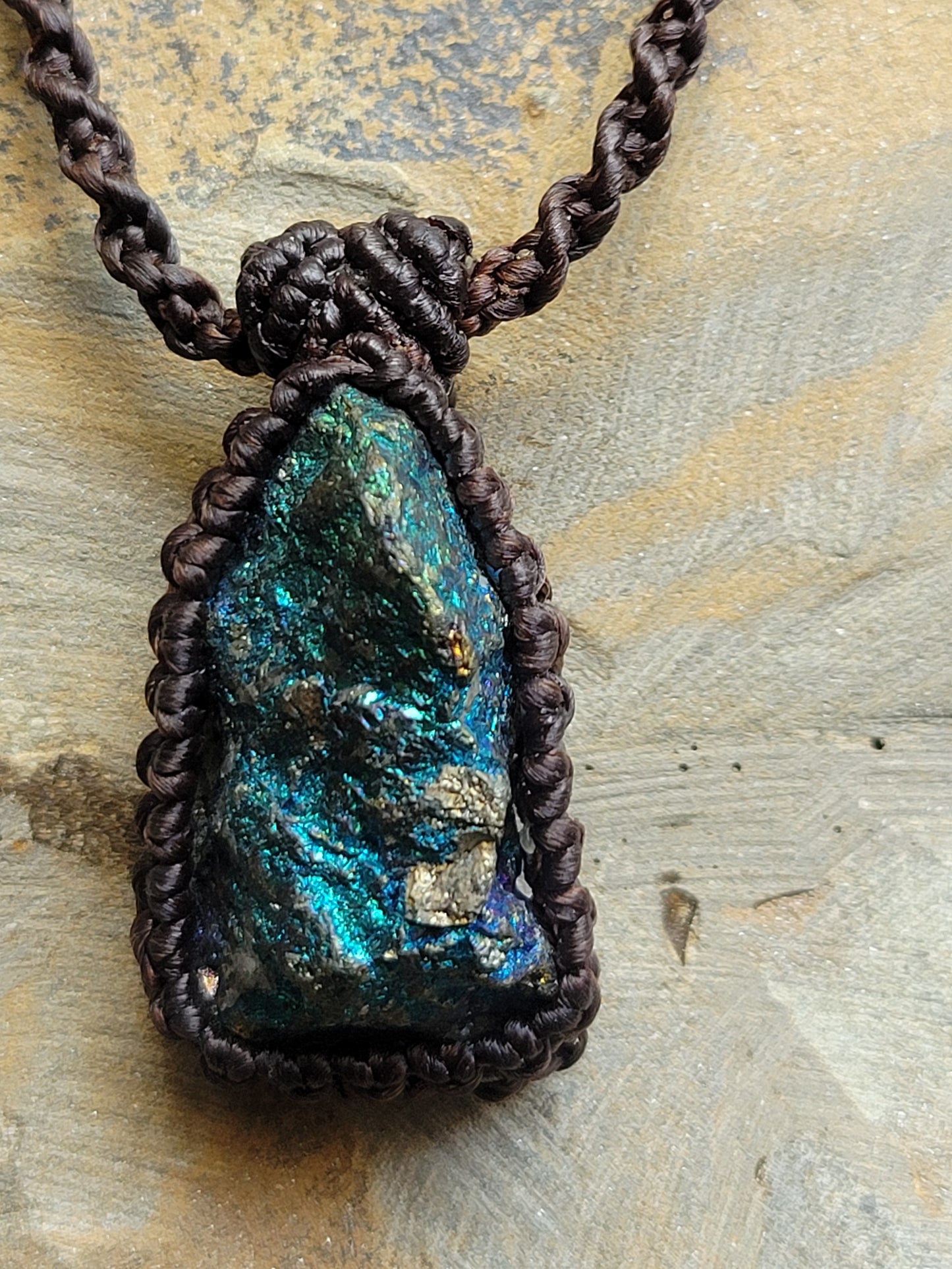Raw Peacock Ore Necklace – Shimmering Bornite Amulet on Adjustable Braided Cord