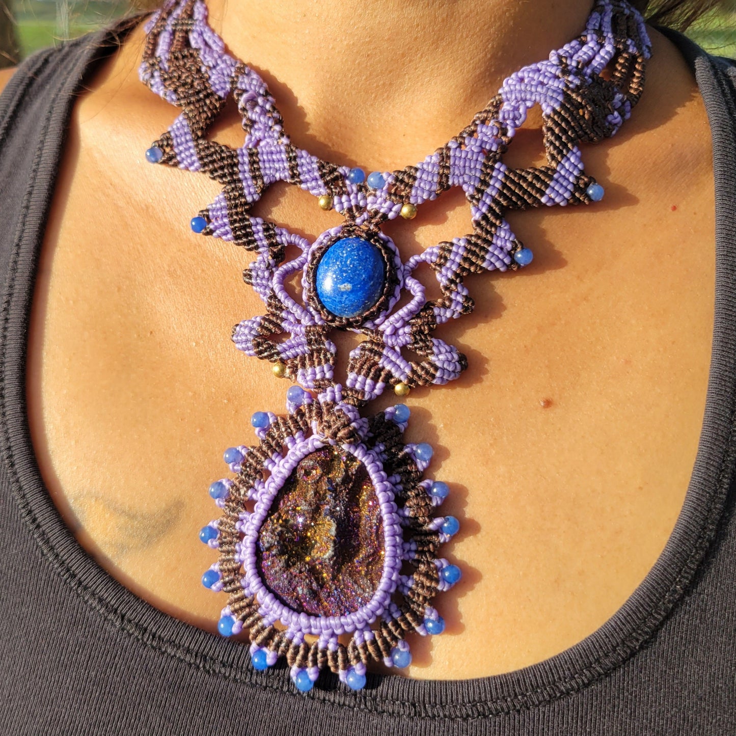 Lapis Lazuli and Titanium Aura long boho necklace