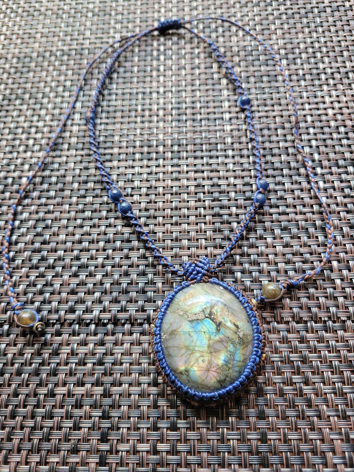 “Cosmic Bloom” – Labradorite Pendant Necklace with Lapis Lazuli Beads, Blue Cord, Adjustable for Spiritual Rebirth