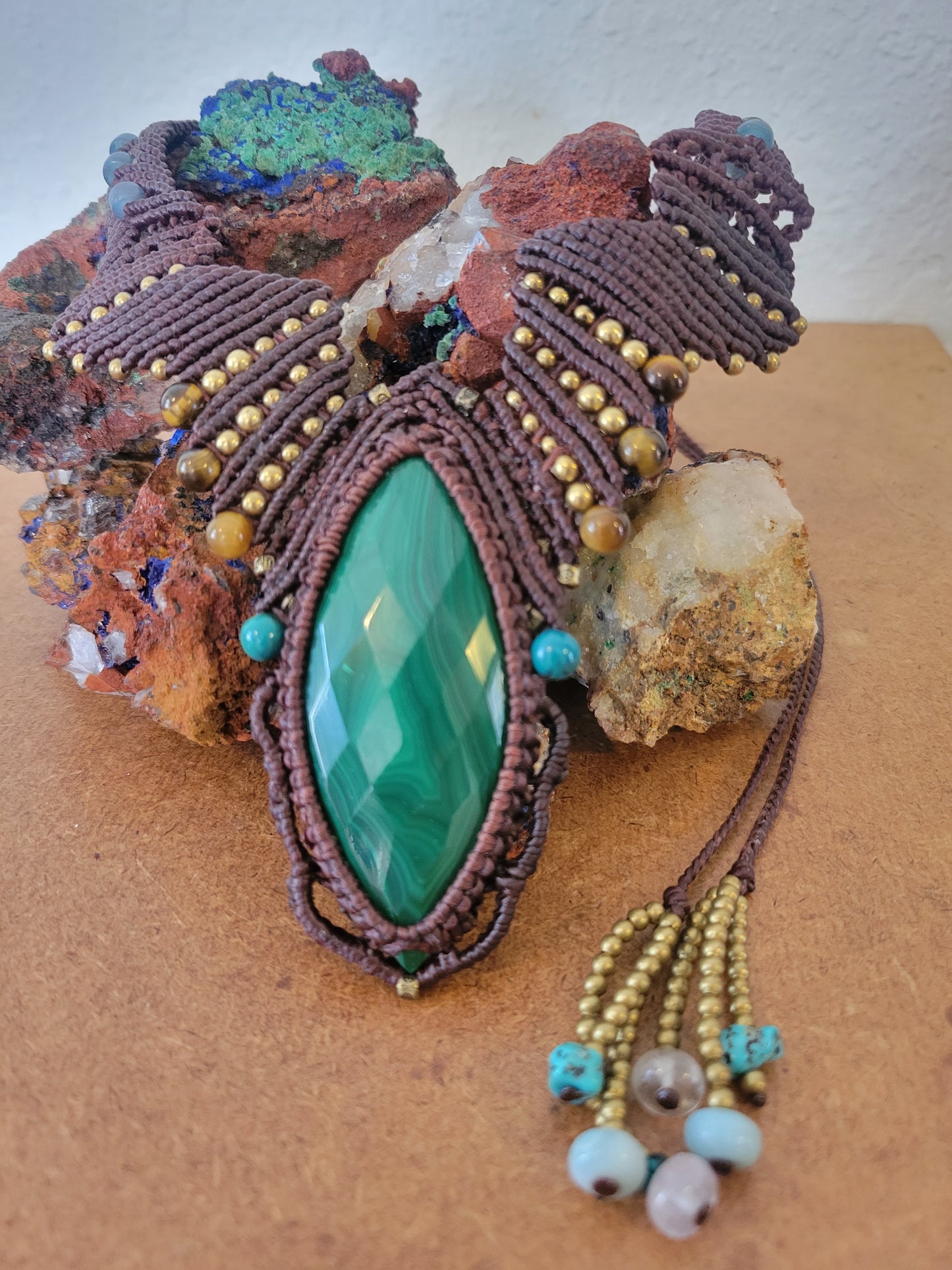 Intricate Malachite Micromacramé Necklace with Geometric Design & Tiger Eye Beads