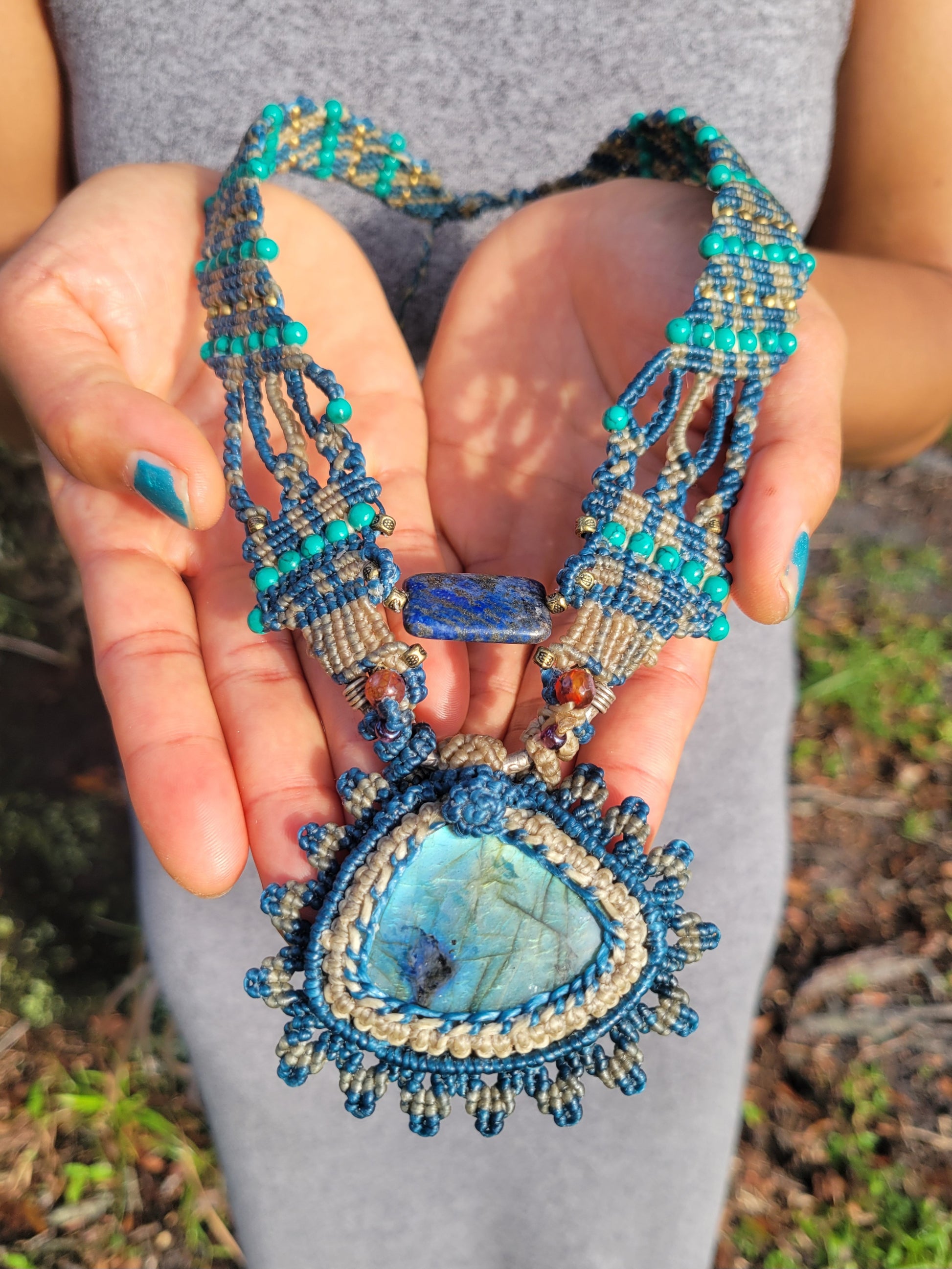 Labradorite and Lapis Lazuli Choker Necklace with sterling silver ring