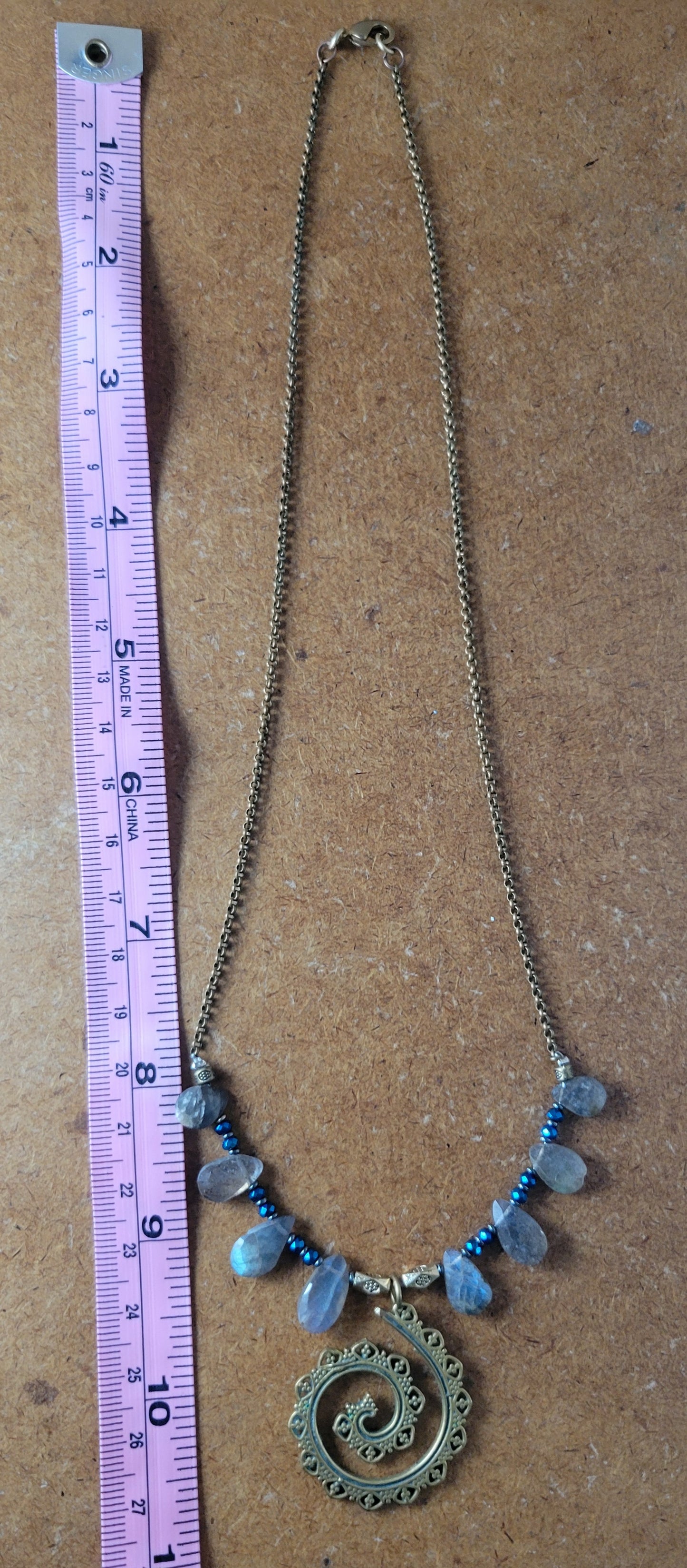 Vintage Spiral Pendant Necklace with ornate brass chain