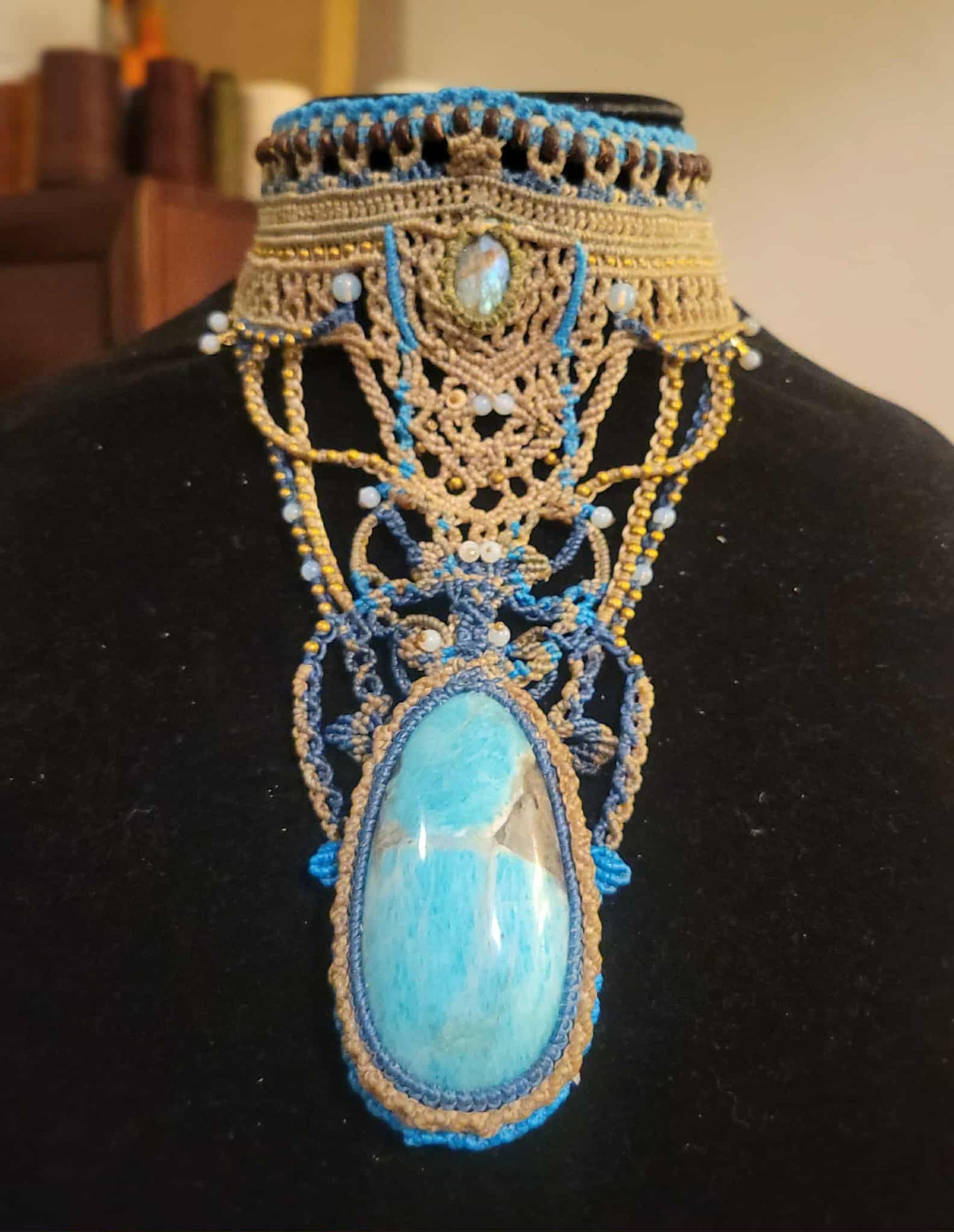 Amazonite Pendant Necklace featuring a large natural amazonite stone and ornate micromacramé choker design.