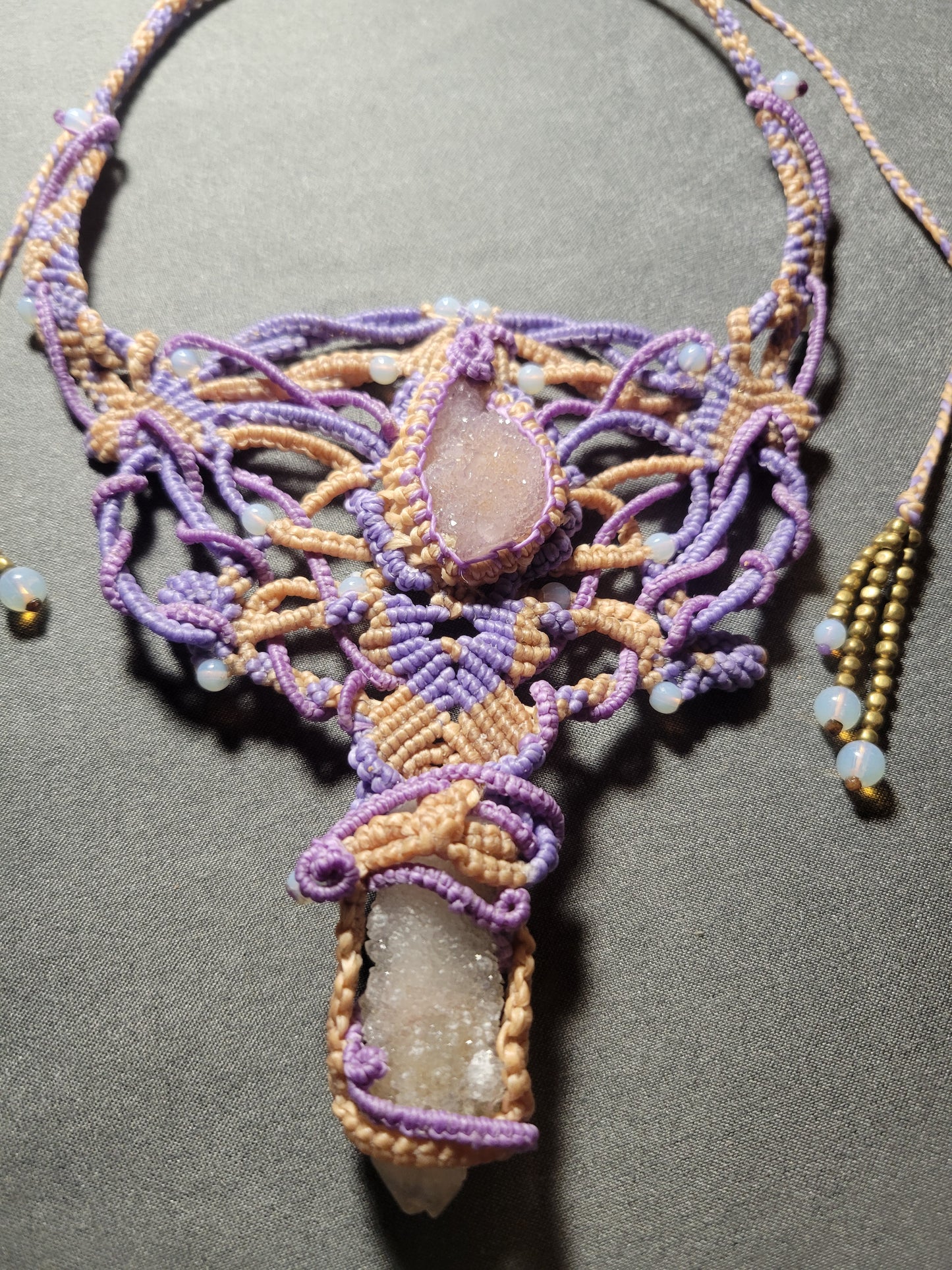 Psychedelic Double Druzy Quartz Choker Macramé Necklace Purple & Beige