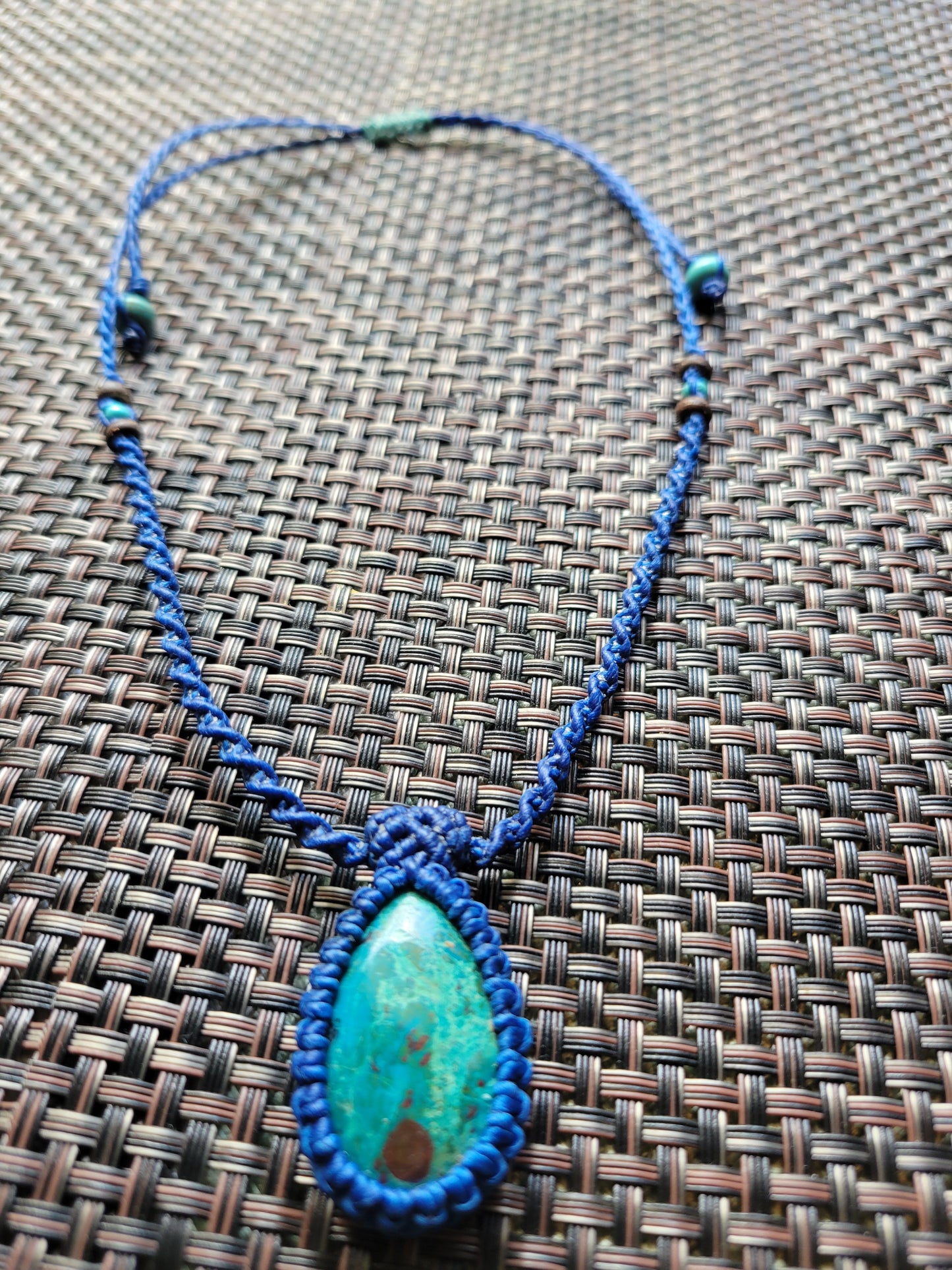 “Painted Waters” – Chrysocolla Pendant Necklace, Bright Blue Macramé Cord, Adjustable Boho Jewelry